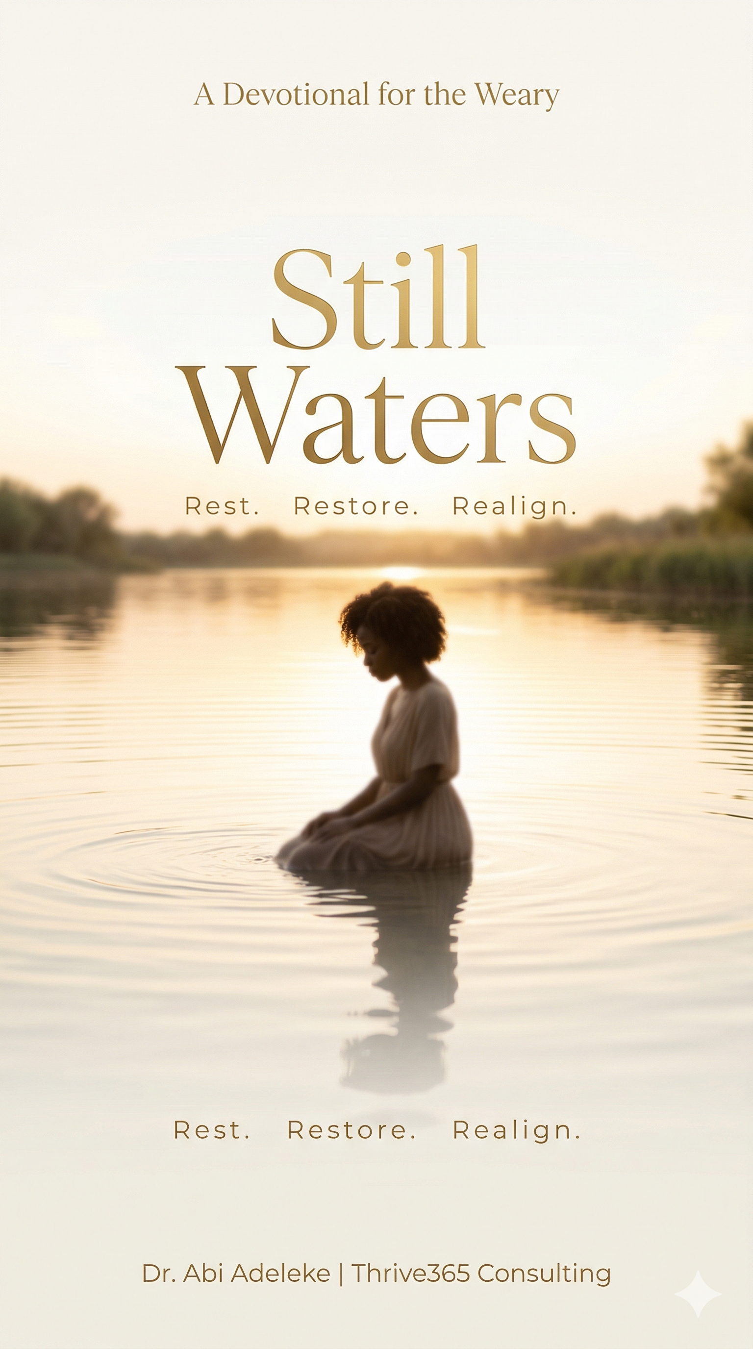 A woman kneeling in calm, reflective water during sunset or sunrise, with the title 'Still Waters' and text indicating it's a devotional for the weary, by Dr. Abi Adeleke, Thrive365 Consulting.