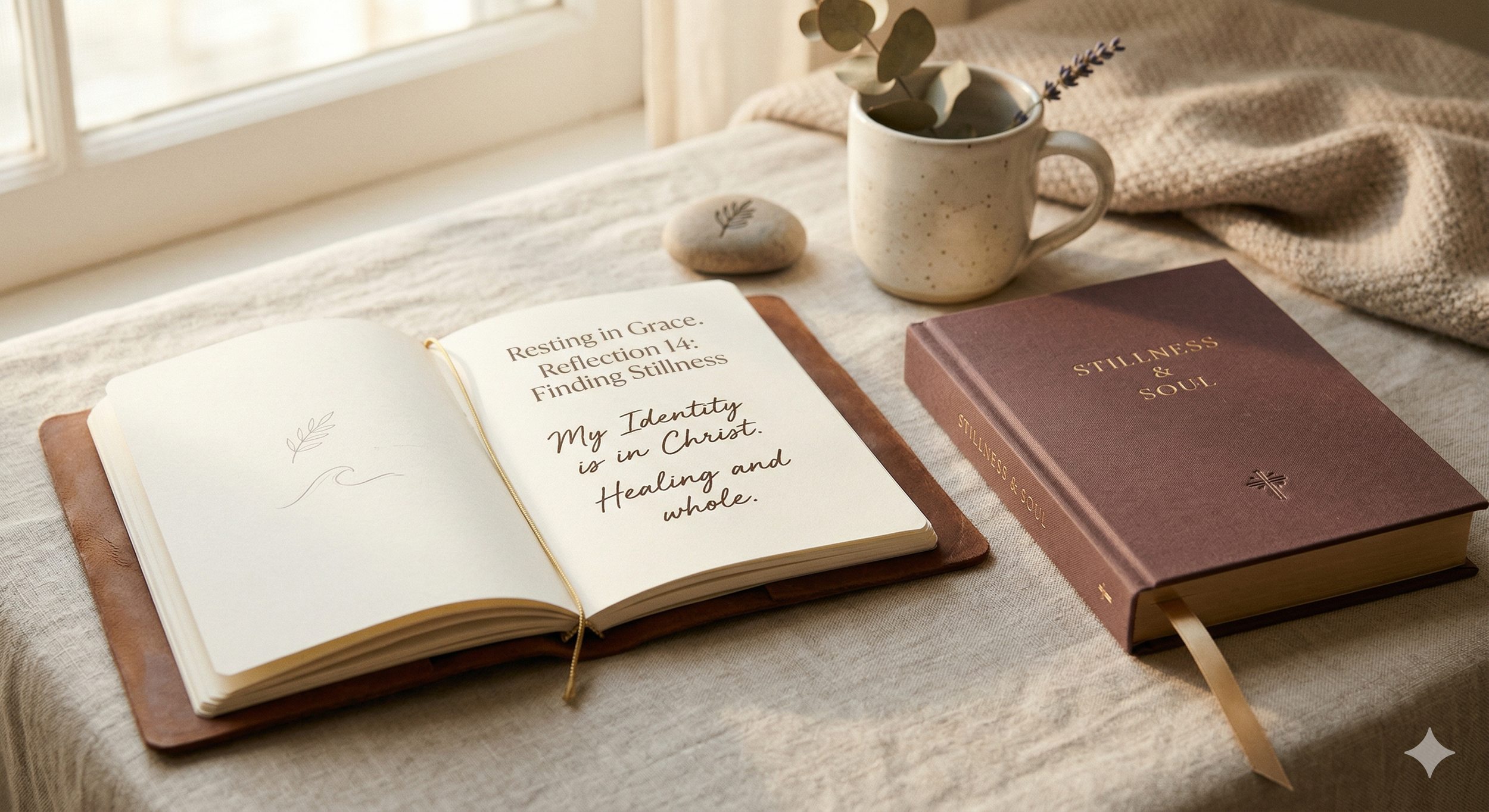 Faith-based devotional journal representing healing, identity, and personal growth in a calm, softly lit setting