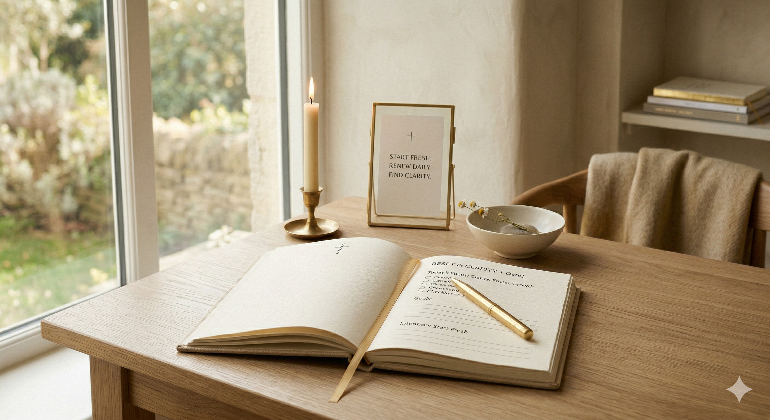 Minimal workspace with planner representing clarity, reset, and intentional personal growth and alignment