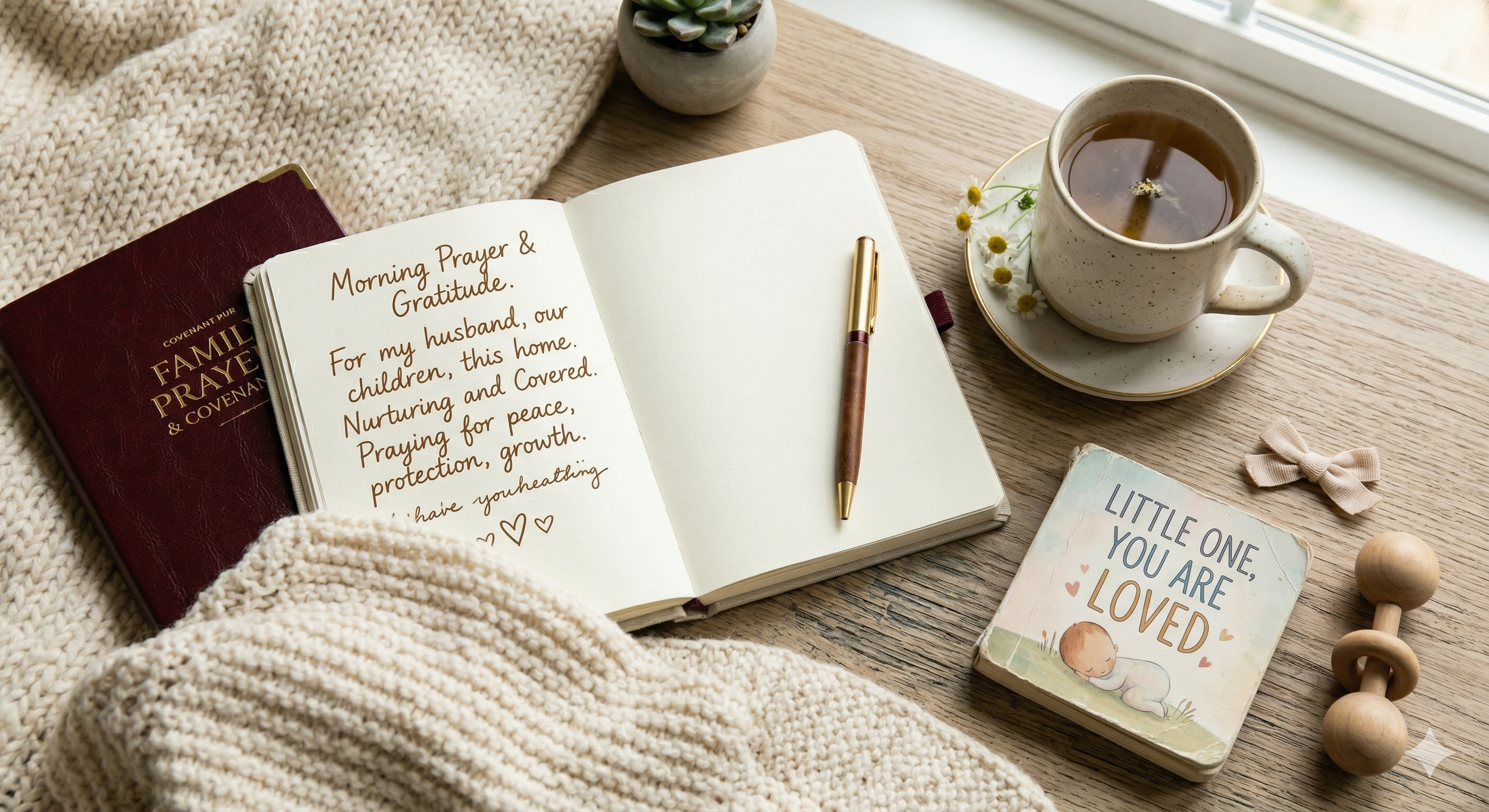 A cozy morning scene on a wooden table with a cup of tea, an open journal with a prayer and gratitude note, a closed religious book, a small book titled "Little One, You Are Loved," a cream-colored bow, a wooden teething rattle, and a potted succulent plant near a window.
