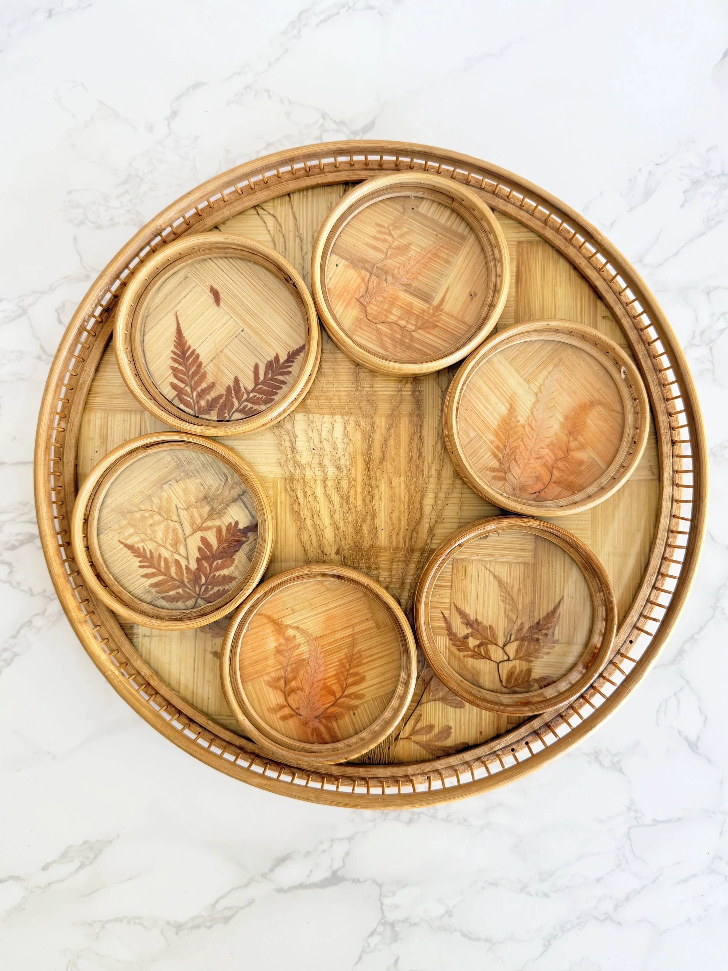 Vintage MCM Bamboo Serving Tray with Matching Pressed Fern Coasters