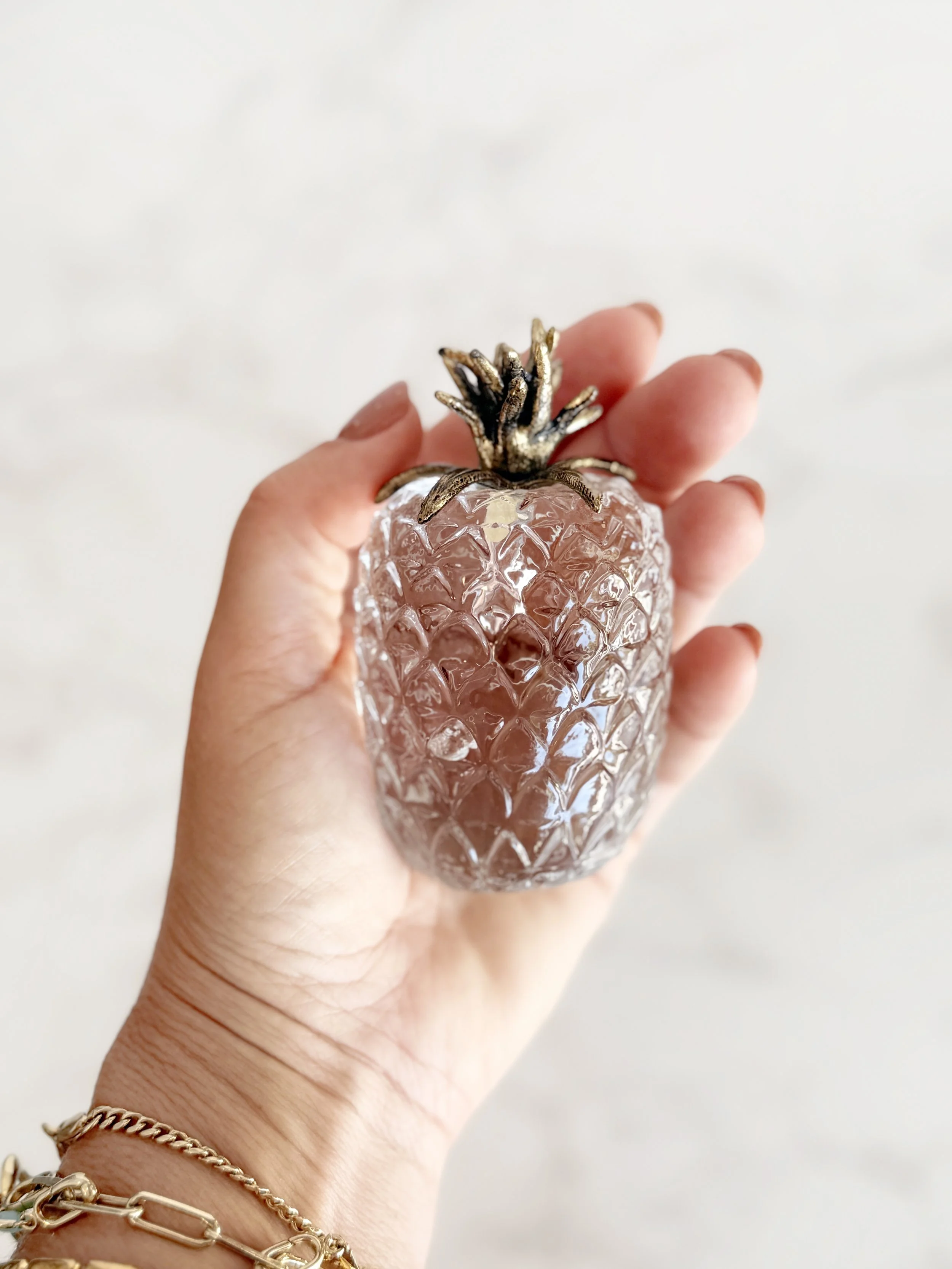 Vintage Faceted Glass Pineapple Paperweight with Brass Leaf Top