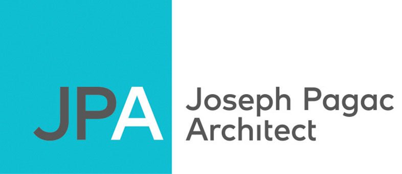 Logo with blue background and white vertical stripe, featuring initials 'JPA' and text 'Joseph Pagac Architect'.