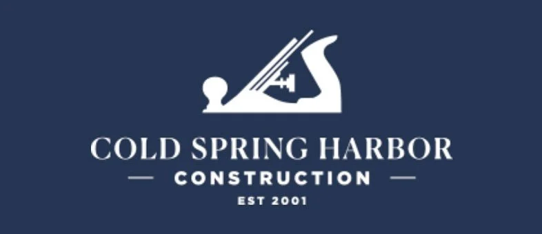 Logo for Cold Spring Harbor Construction with a stylized saw and hammer icon, blue background, white text, established 2001.