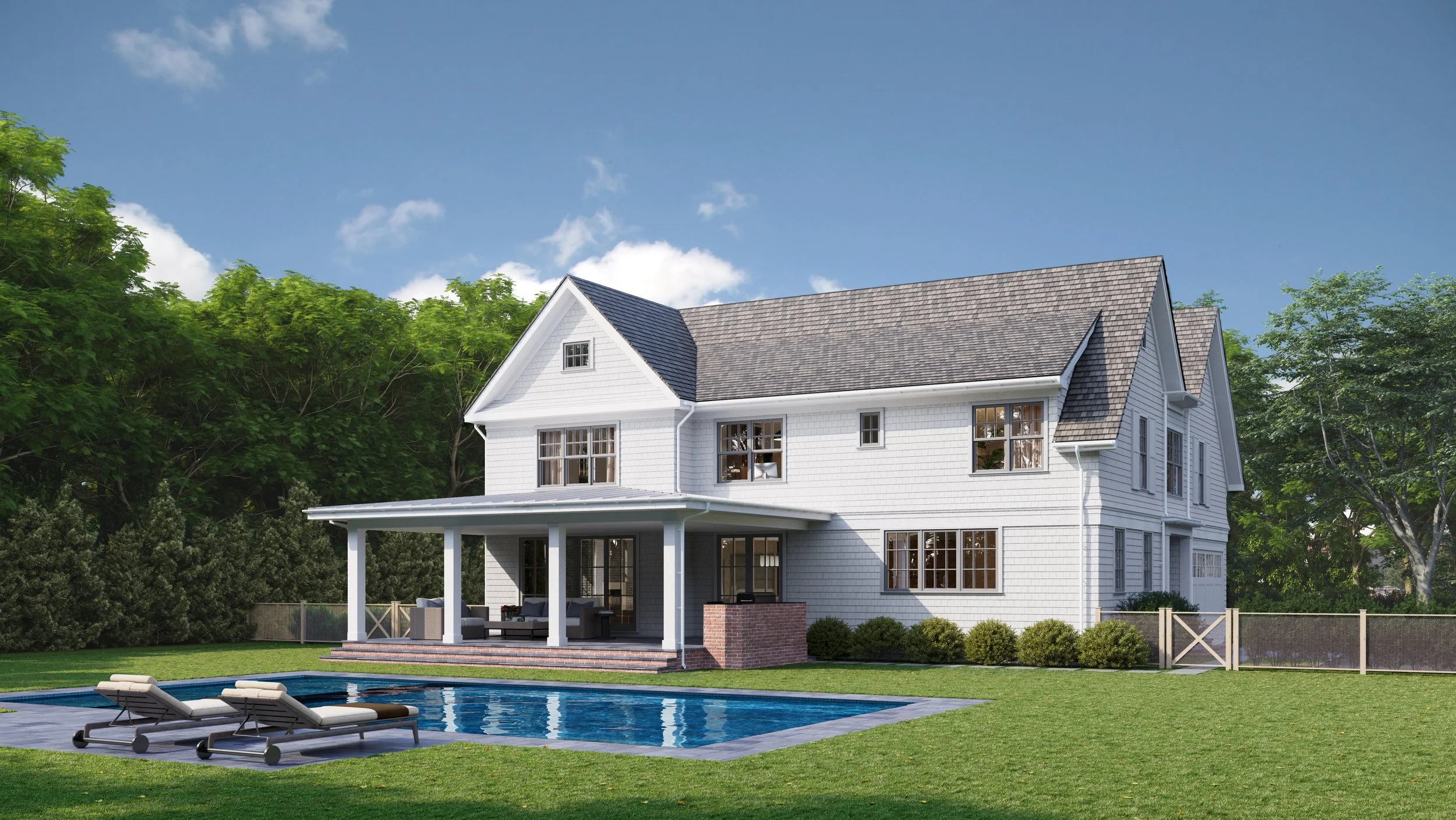 A large white two-story house with a pitched roof, several windows, a covered patio, and a backyard with a swimming pool and lounge chairs, surrounded by greenery and trees.