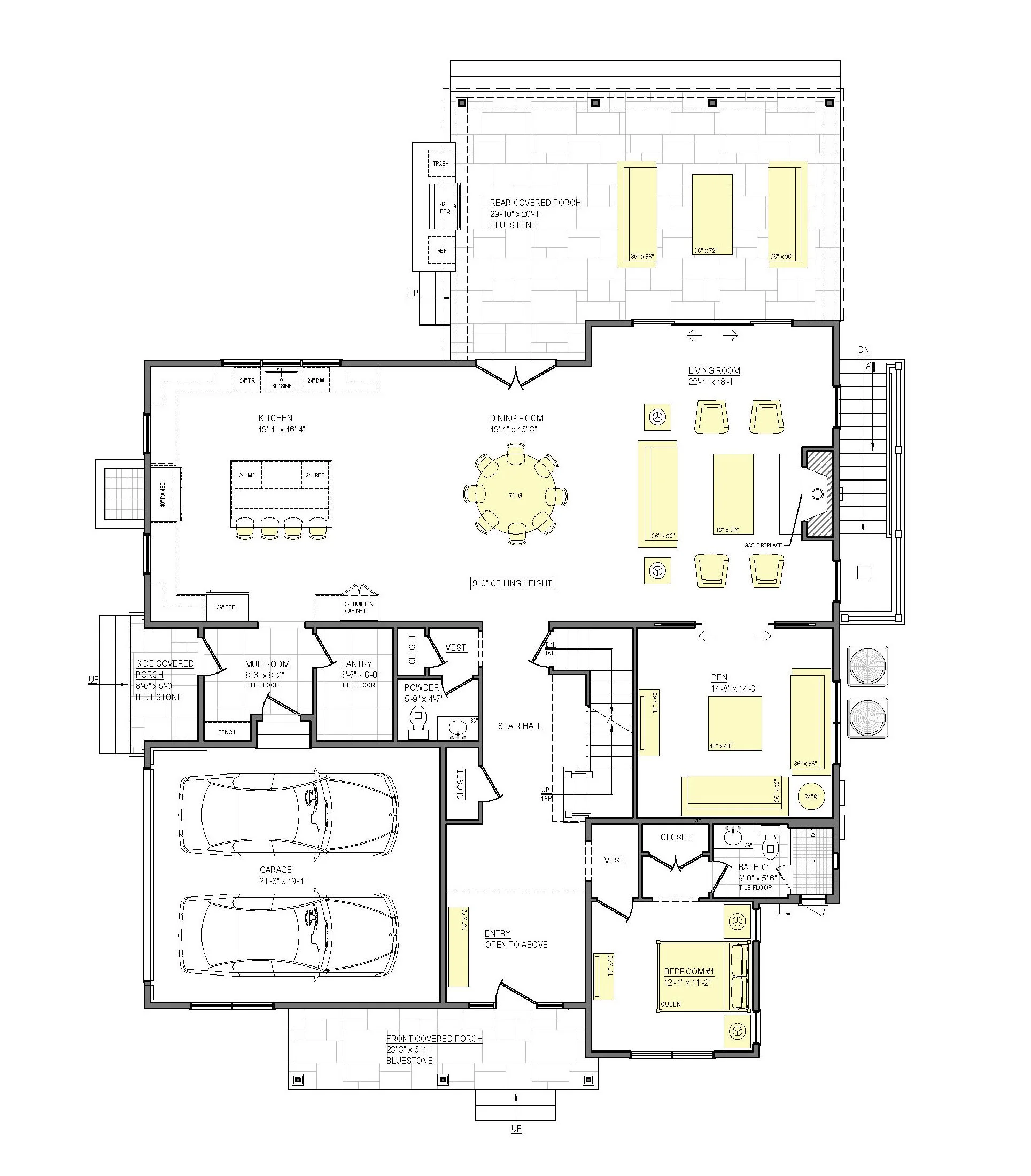 Detailed floor plan of a house showing various rooms, including garage, entry, kitchen, dining room, living room, porch, bedroom, bathroom, den, stair hall, pantry, mudroom, and outdoor patio area.