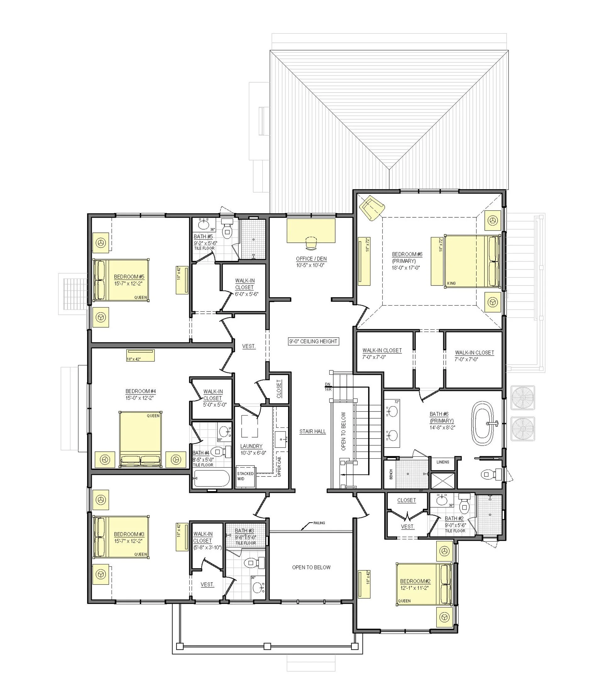 Floor plan of a house showing multiple bedrooms, bathrooms, closets, an office, laundry room, and stair hall.