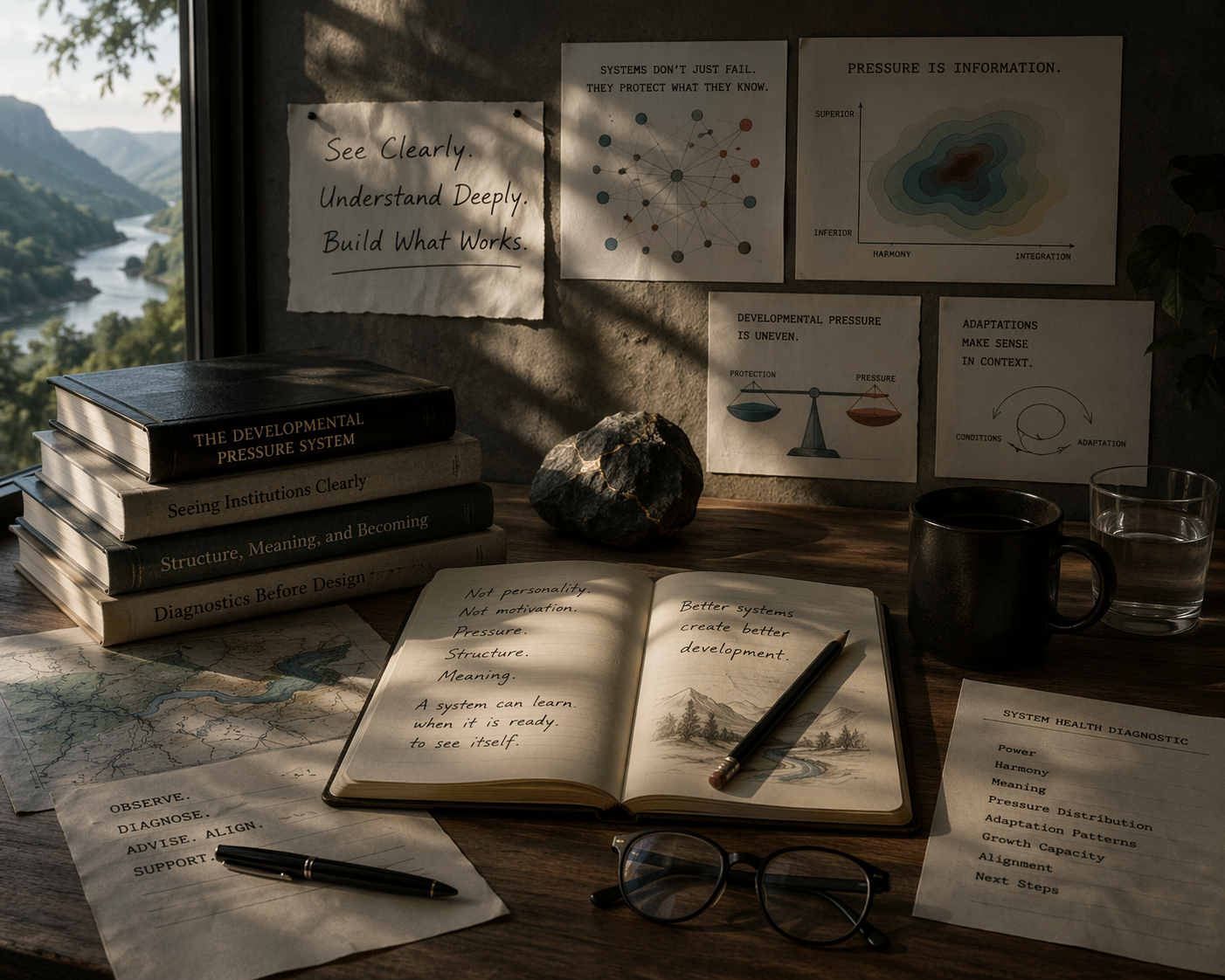 A desk with books, notes, and charts related to pressure systems. Sunlight illuminates the workspace, which includes a black mug, glass of water, eyeglasses, and a notebook with handwritten notes. Framed diagrams and quotes about systems and pressure are on the wall, and a window reveals a scenic river and mountains in the background.