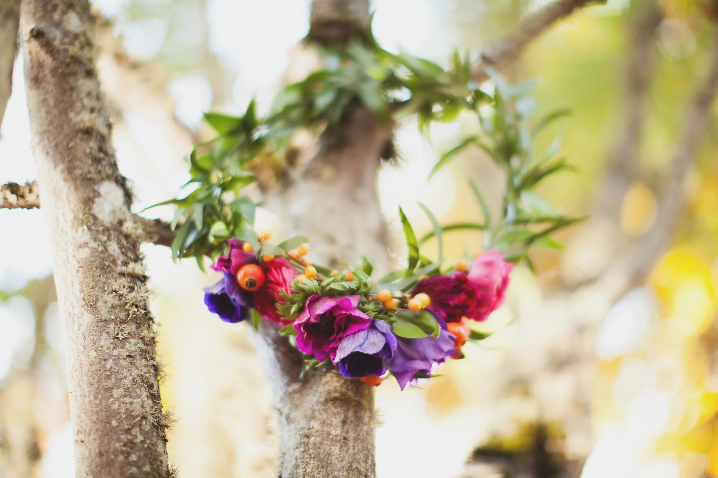Close-up of a tree trunk with colorful flowers, green leaves, and orange berries forming a wreath on the branch, blurred background of trees and sunlight.