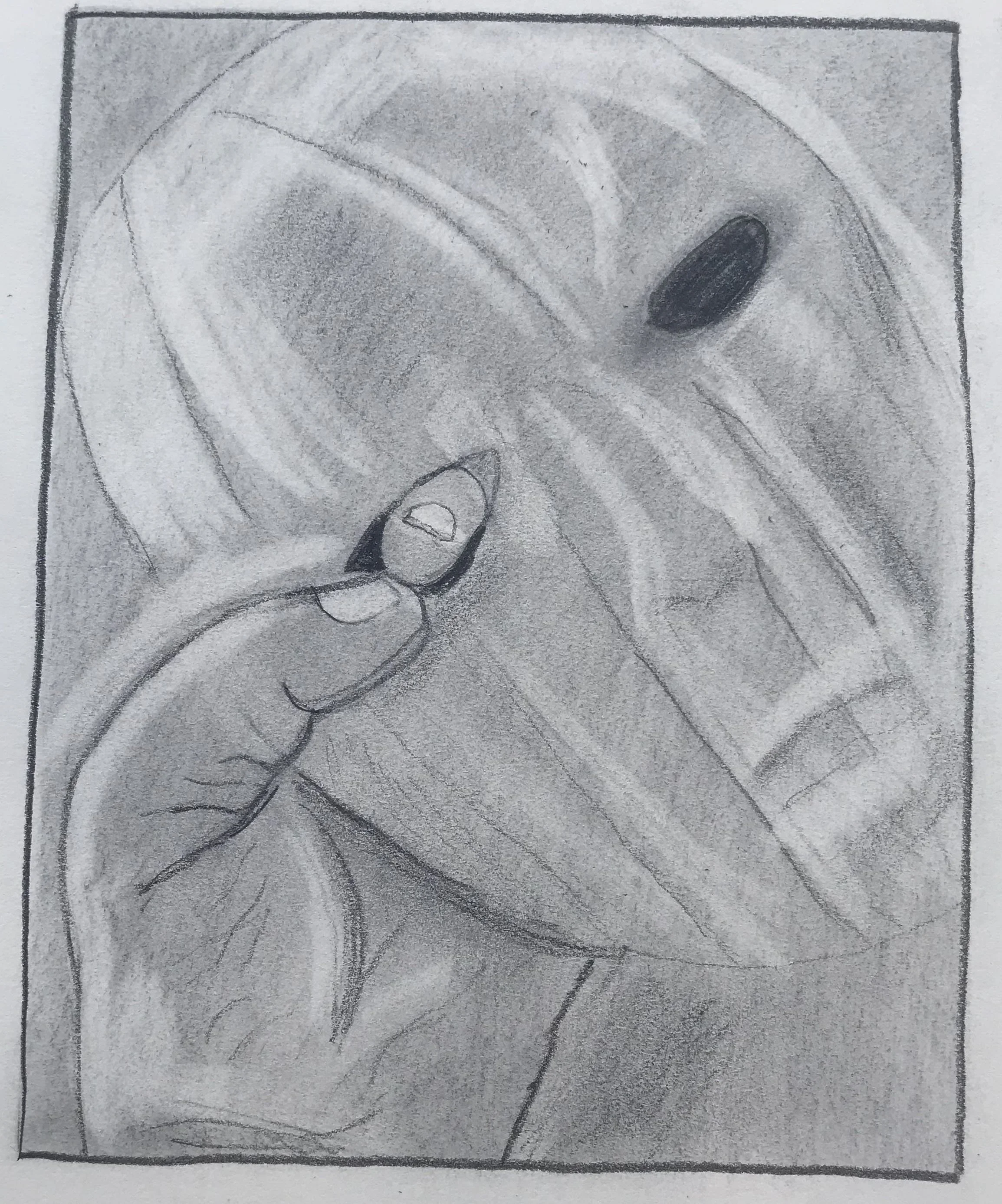 Pencil drawing of a hand holding a smooth mask in front of a partially obscured face.