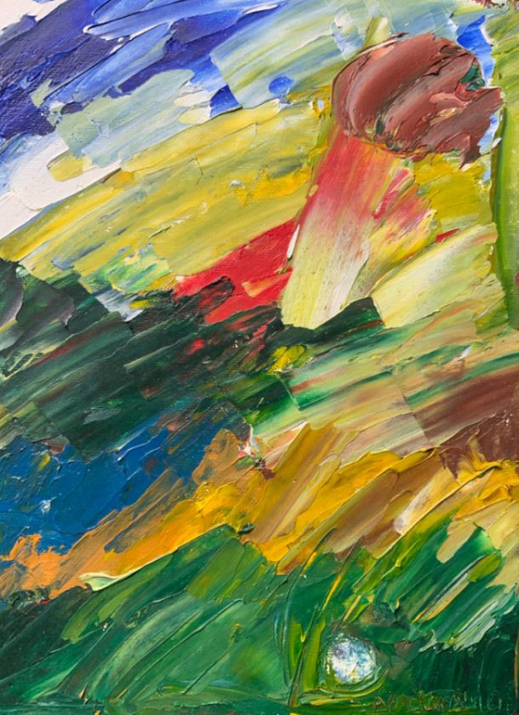 Abstract oil painting with expressive brushstrokes in green, yellow, blue, and red, featuring a central organic form rising upward.