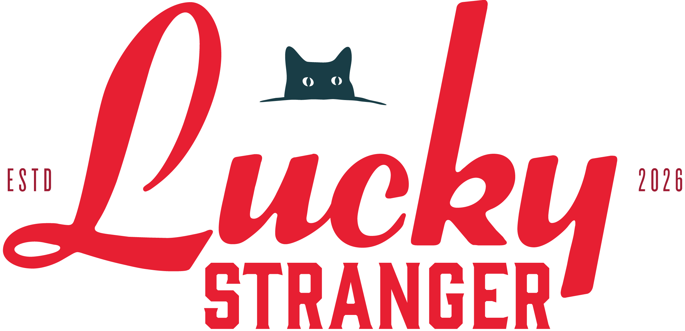 Logo with the text 'Lucky Stranger' in red with a black background, a small black cat face above the word 'Lucky'. Text 'ESTD 2026' on the left and right sides.