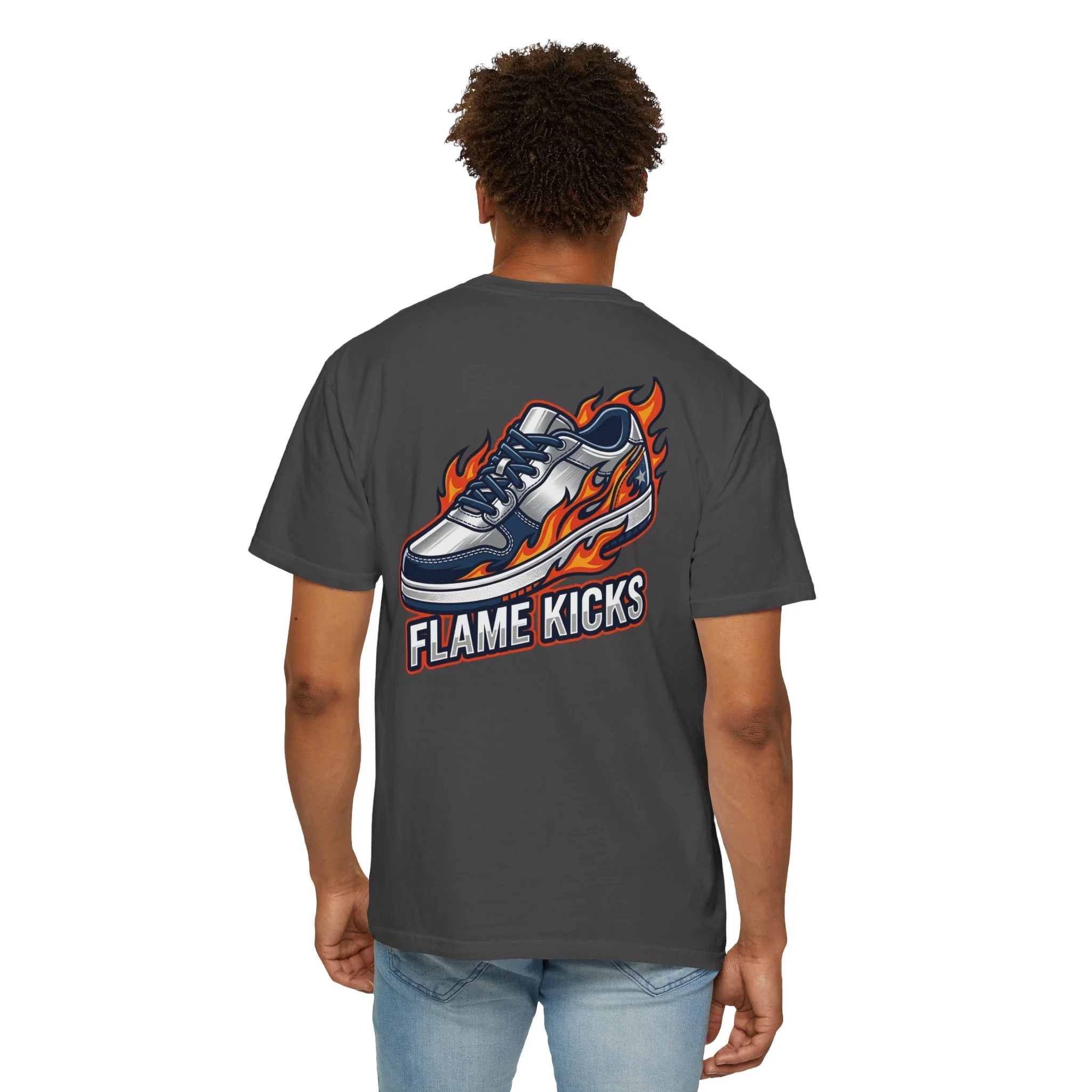 Back view of a person wearing a dark gray T-shirt with a graphic of a sneaker surrounded by flames and the text 'FLAME KICKS' on the back.
