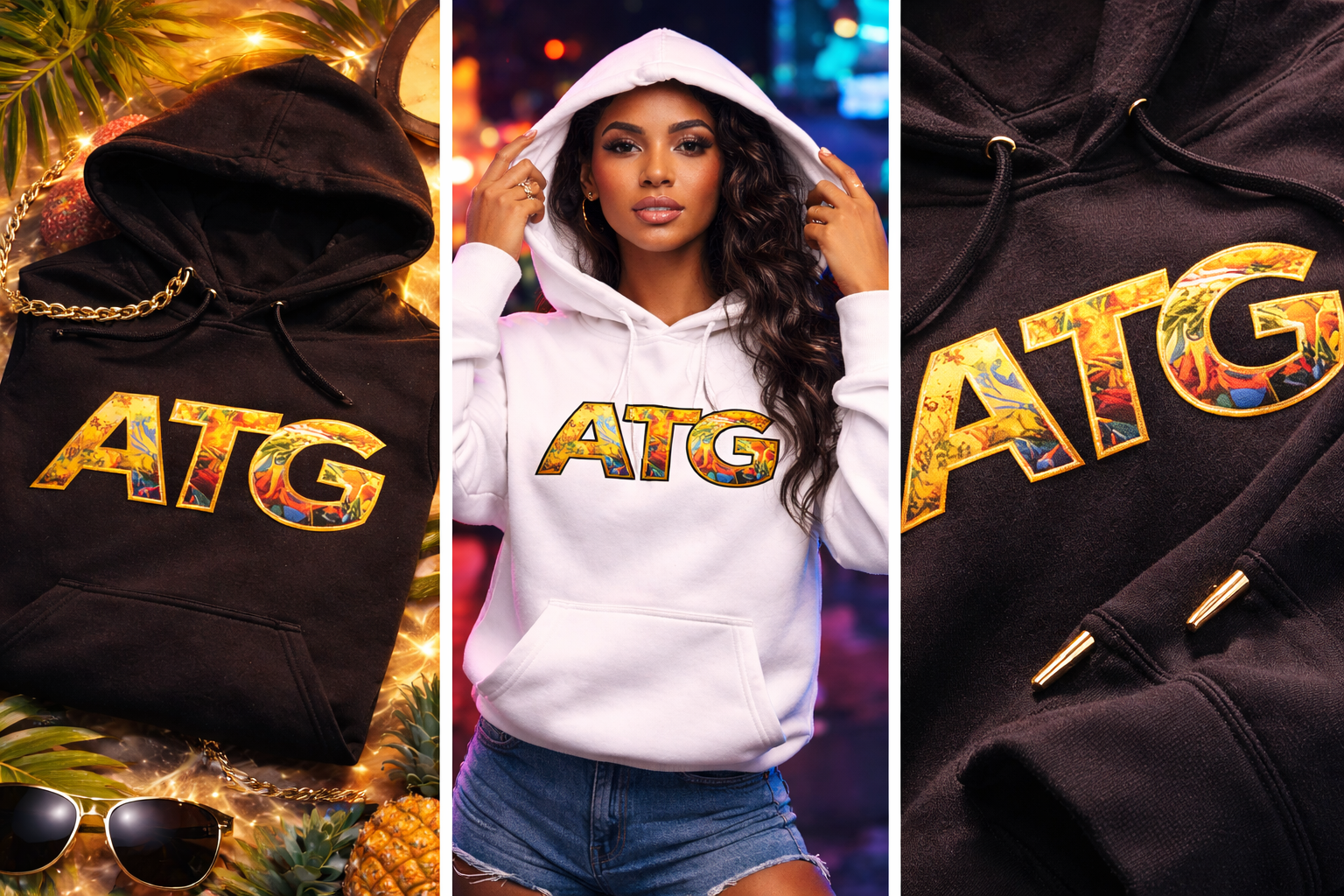 A woman wearing a white hoodie with the ATG logo on it, standing in a city at night. The hoodie has a colorful floral pattern within the letters. The surrounding images depict a black hoodie with the same logo, some sunglasses, and tropical leaves and pineapples, indicating a tropical or festive theme.