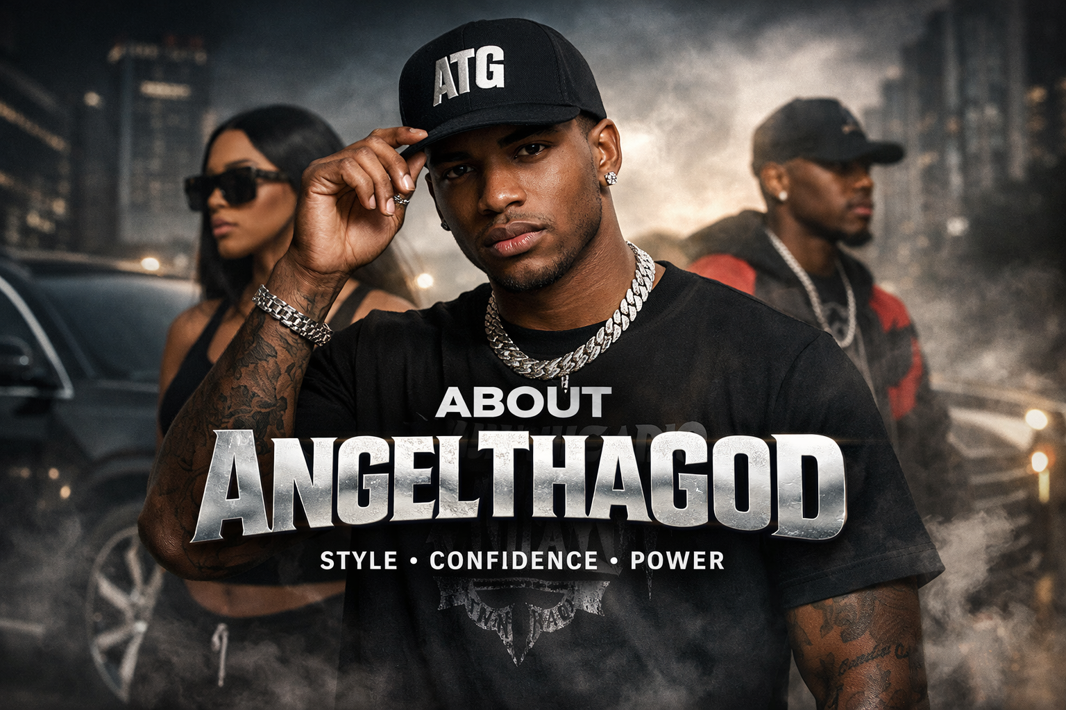 A young man in the foreground wearing a black cap with 'ATG' letters, a black T-shirt, and silver jewelry, including a chain and bracelet, poses confidently with a cityscape and two people in the background. The image features the text 'About Angel Thagod' and words 'Style, Confidence, Power'.