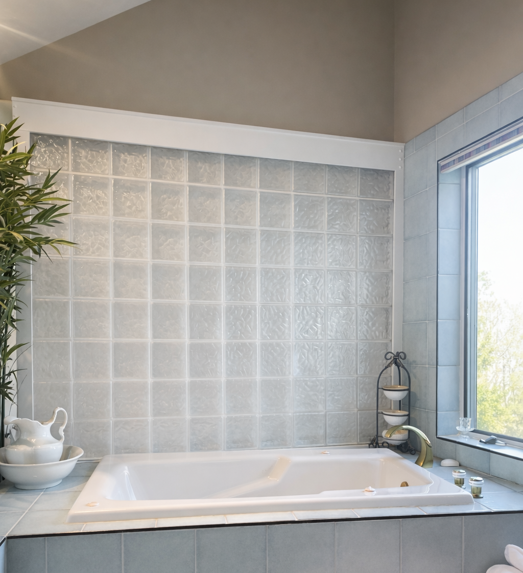 A bathroom with a large built-in bathtub, a window with a view of trees, a small decorative shelf with bowls, and some candles on the bathtub ledge.