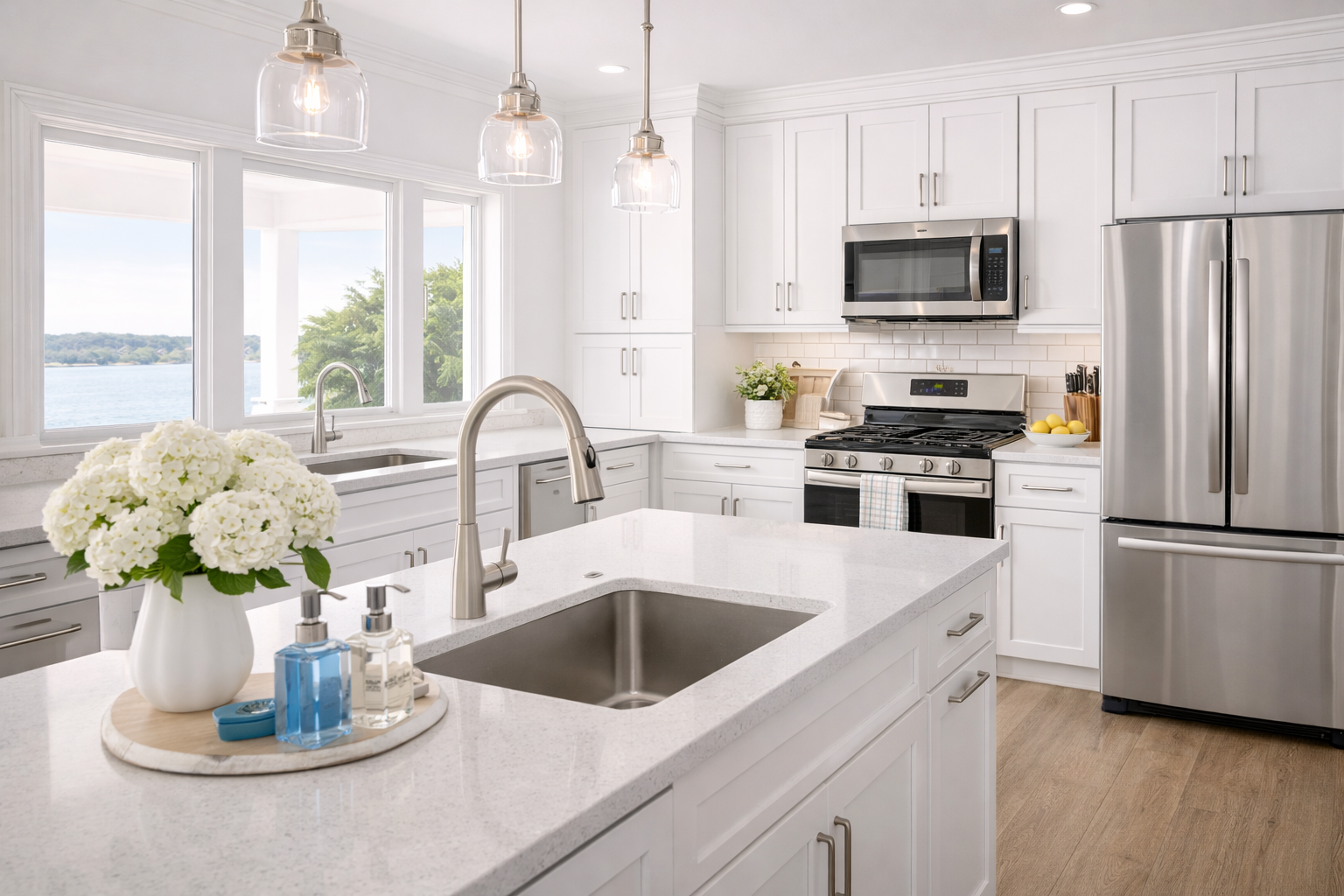 Bright, modern kitchen with white cabinetry, stainless steel appliances, large window overlooking water, and light wood flooring.