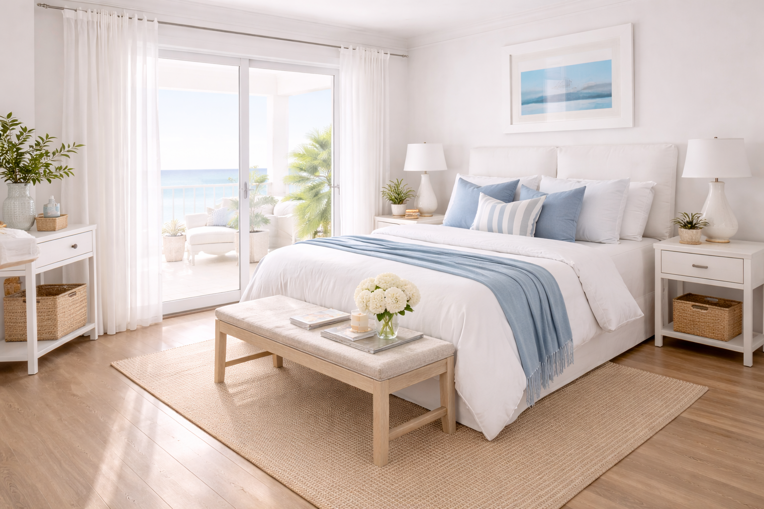 Bright bedroom with white walls, sliding glass doors leading to a balcony with ocean view, white furniture, blue accents, and ocean-themed artwork.