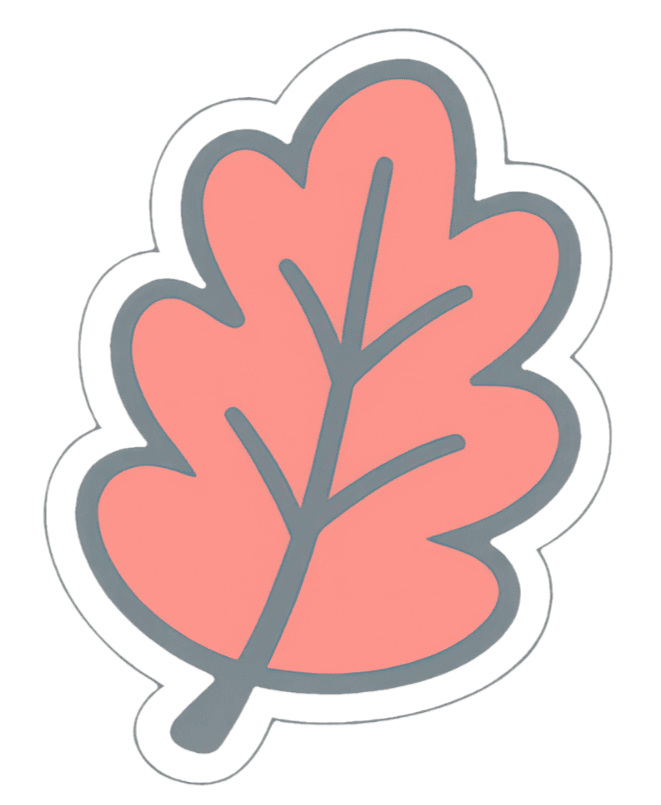 A stylized illustration of a pink oak leaf with gray outlines on a black background.
