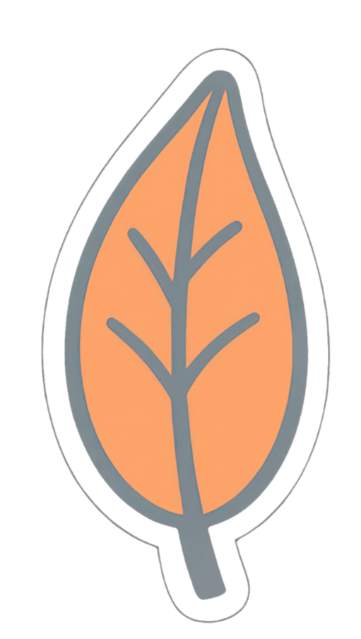 A stylized orange leaf with dark gray veins and gray outline on a black background.