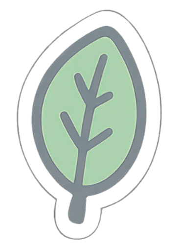A stylized illustration of a leaf with a dark border, light green interior, and darker green veins.