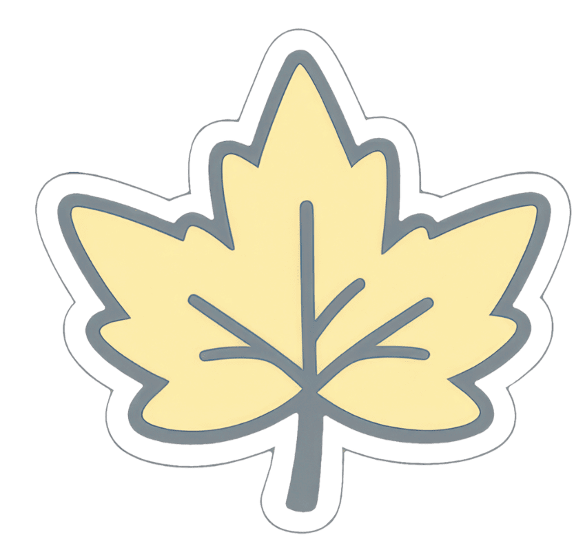 Illuminated yellow maple leaf-shaped sign with gray outline and veins on a black background.