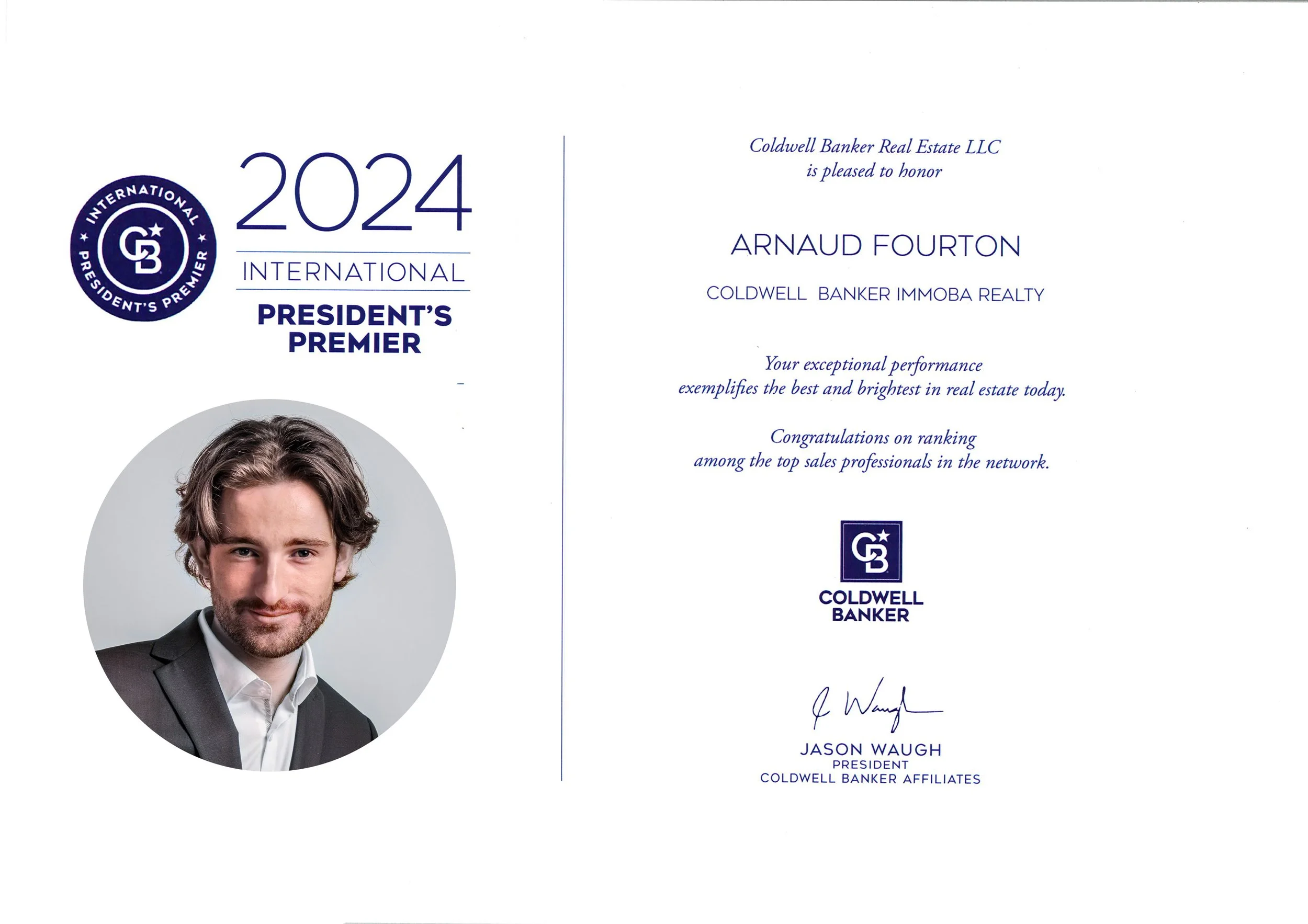 Certificat de reconnaissance pour Arnaud Fourton de Coldwell Banker Immoba Realty, signé par Jason Waugh, président de Coldwell Banker Affiliates, 2024, avec une photo d'Arnaud Fourton