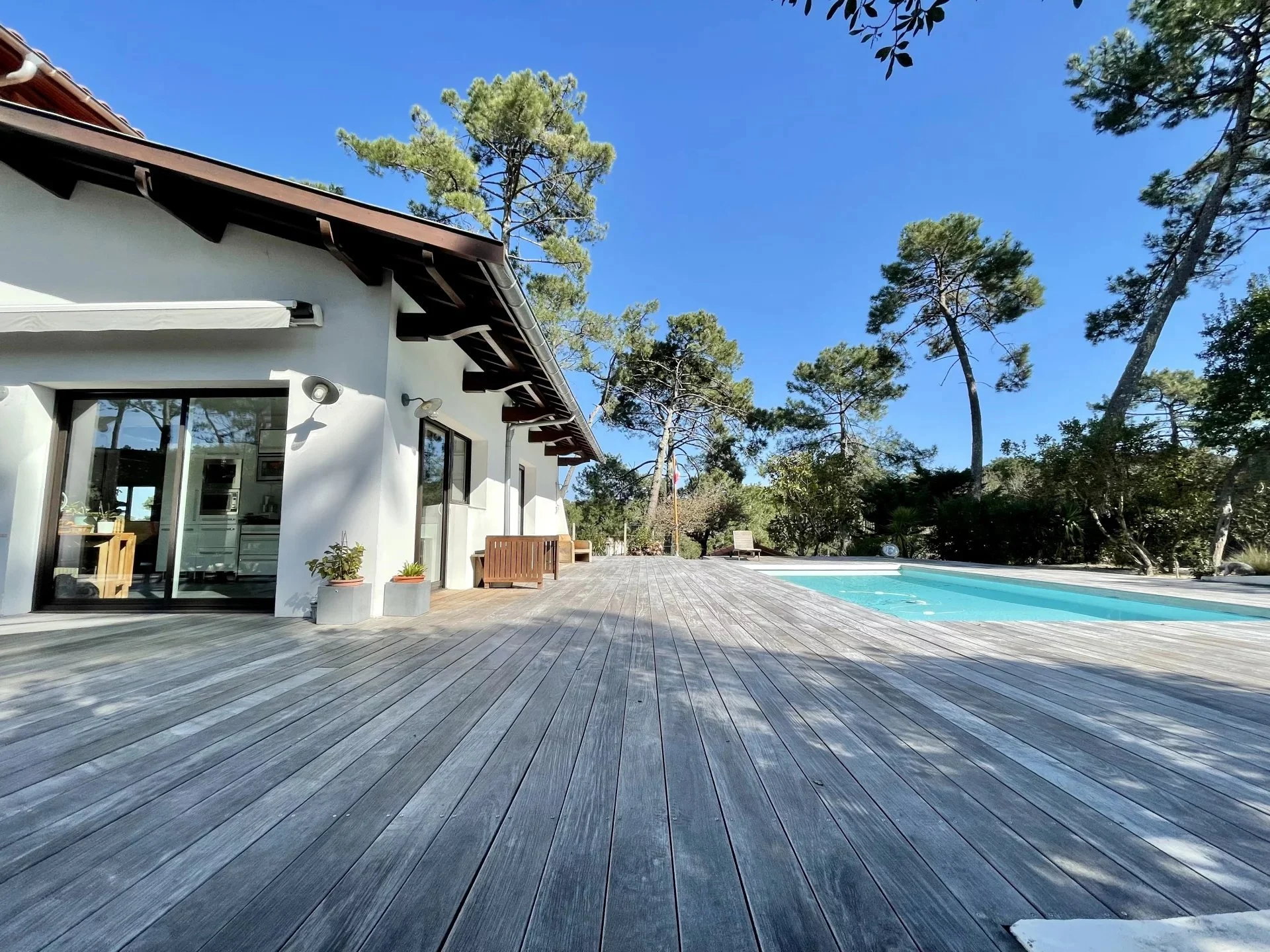 Vue d'une terrasse en bois à côté d'une maison blanche avec piscine, entourée de grands arbres et sous un ciel bleu clair.