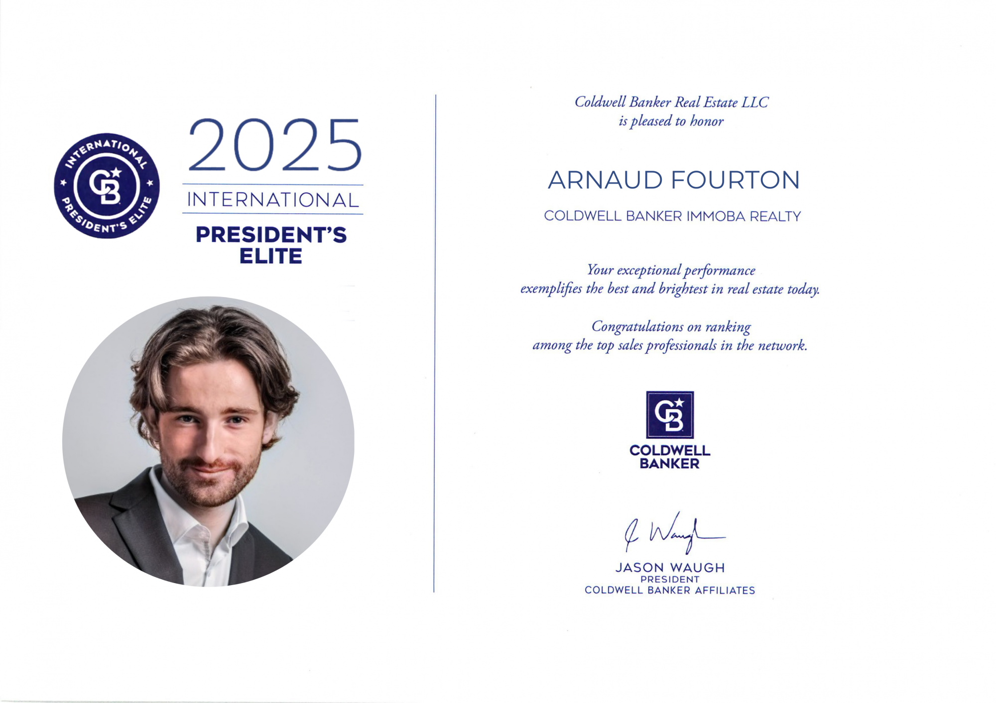Certificat de reconnaissance avec la photo d'un homme souriant, logo de Coldwell Banker, texte en anglais, signé de Jason Waugh, destiné à récompenser Arnaud Fourton en 2025.