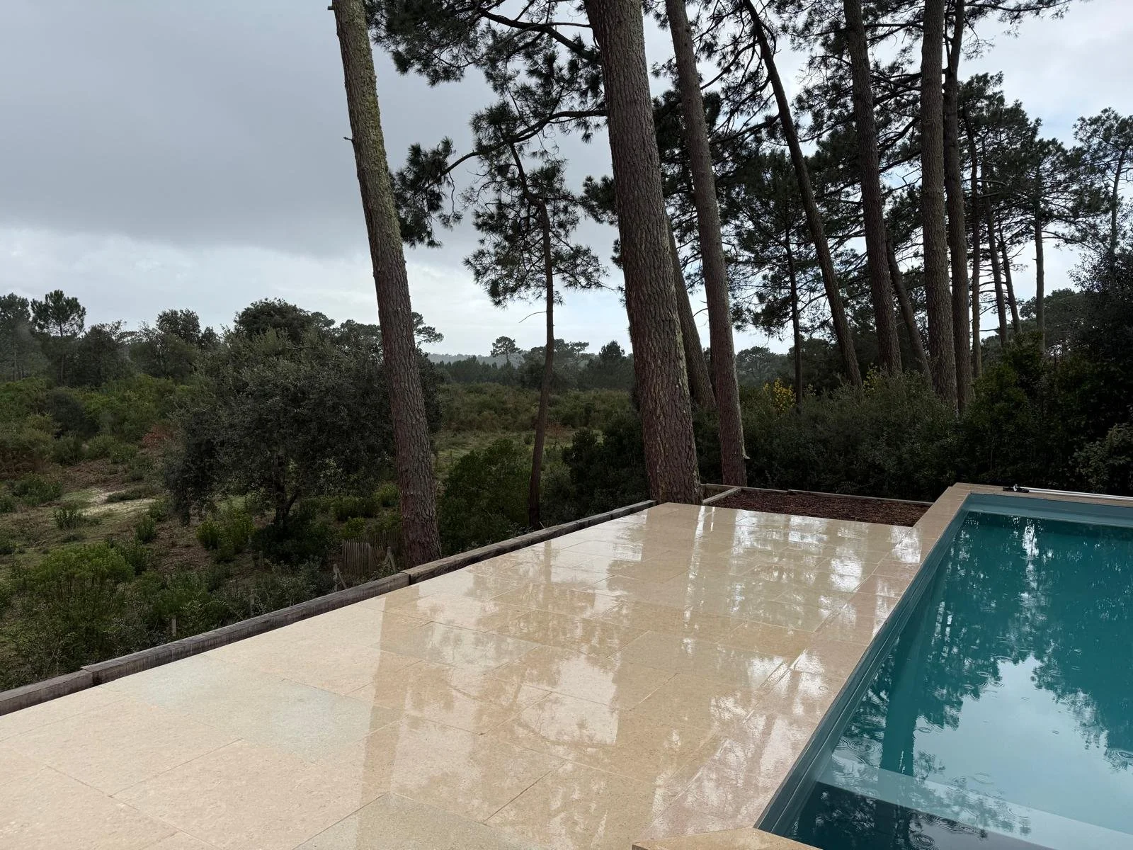 Vue d'une terrasse en pierre près d'une forêt avec des grands arbres et un ciel nuageux.