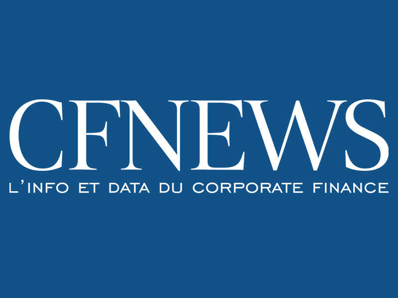 Logo de CFNEWS avec le slogan 'L'info et data du corporate finance' sur fond bleu.