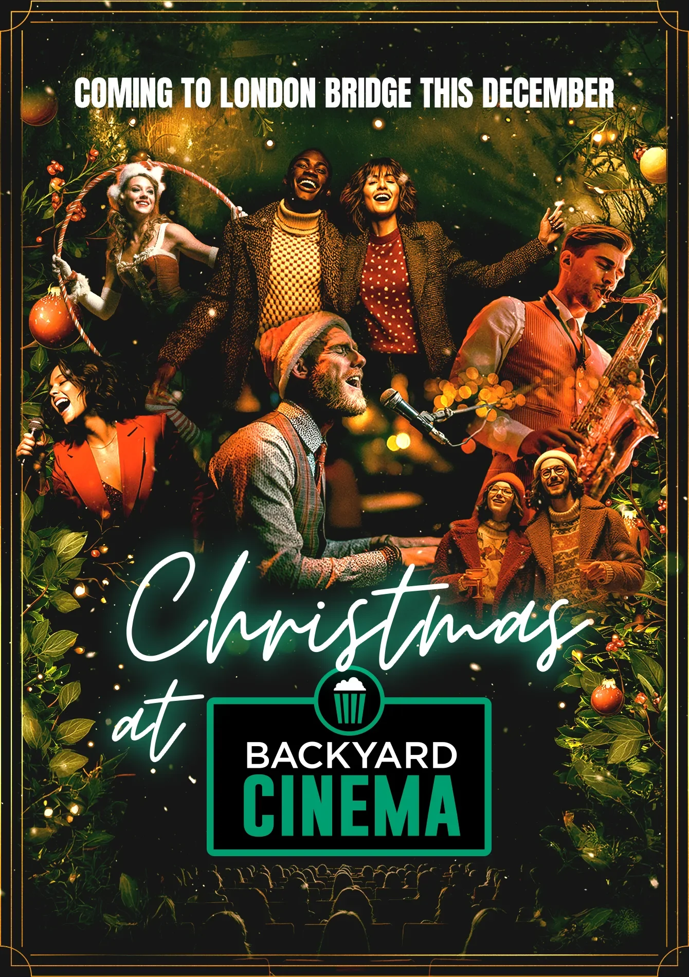 A festive promotional poster for Backyard Cinema's Christmas event, featuring a collage of people enjoying holiday activities, surrounded by Christmas ornaments and greenery, with text announcing the event coming to London Bridge in December.