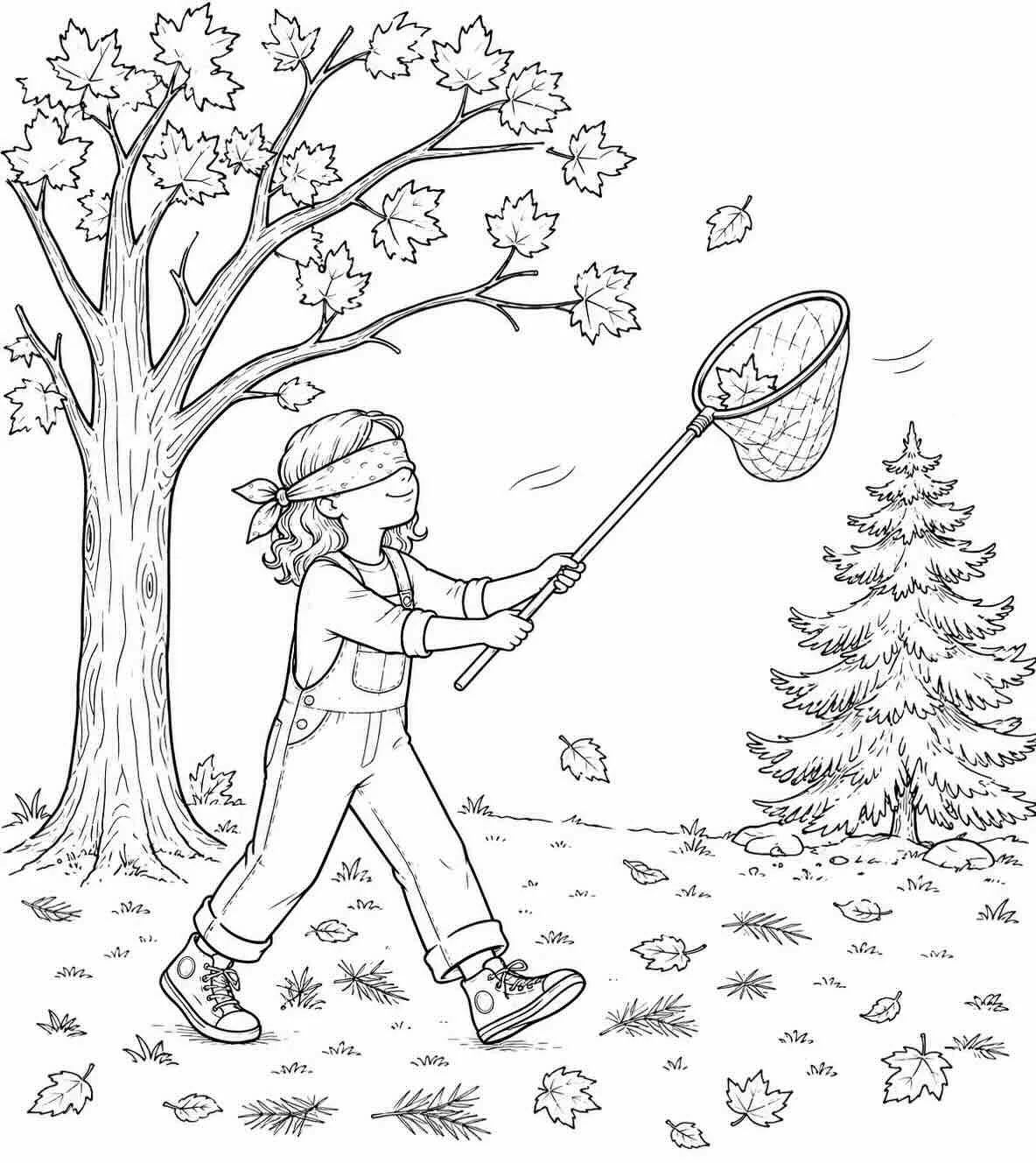Illustration of a blindfolded person swinging a butterfly net at leaves falling from a tree, symbolizing how mold air sampling can miss contamination