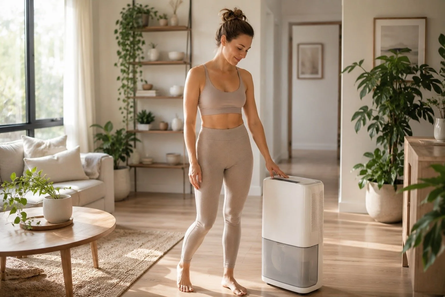 Woman running a self drying dehumidifier to prevent biofilm buildup, endotoxins and maintain healthy indoor air quality