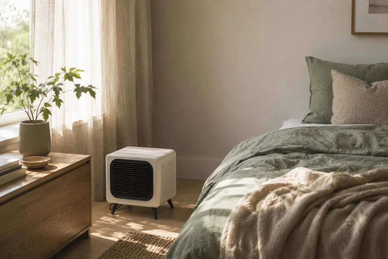 A compact white air purifier on a dresser in a calm, minimally furnished bedroom, supporting clean air during sleep.