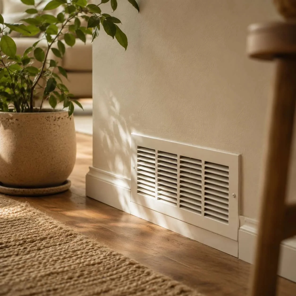 Wall-mounted HVAC vent in a softly lit room