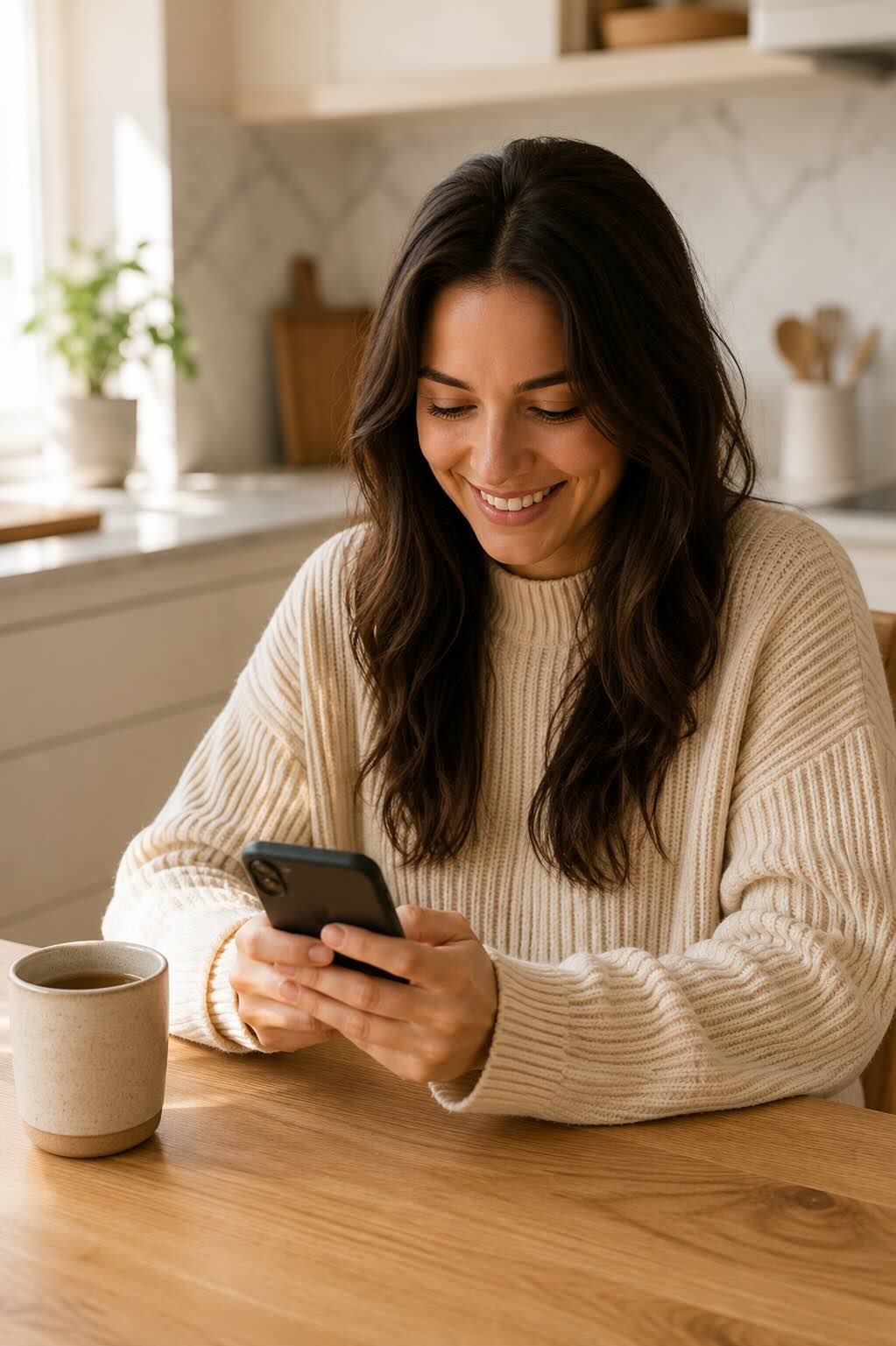 Woman smiling with relief while checking her phone for home mold test results, coffee mug beside her