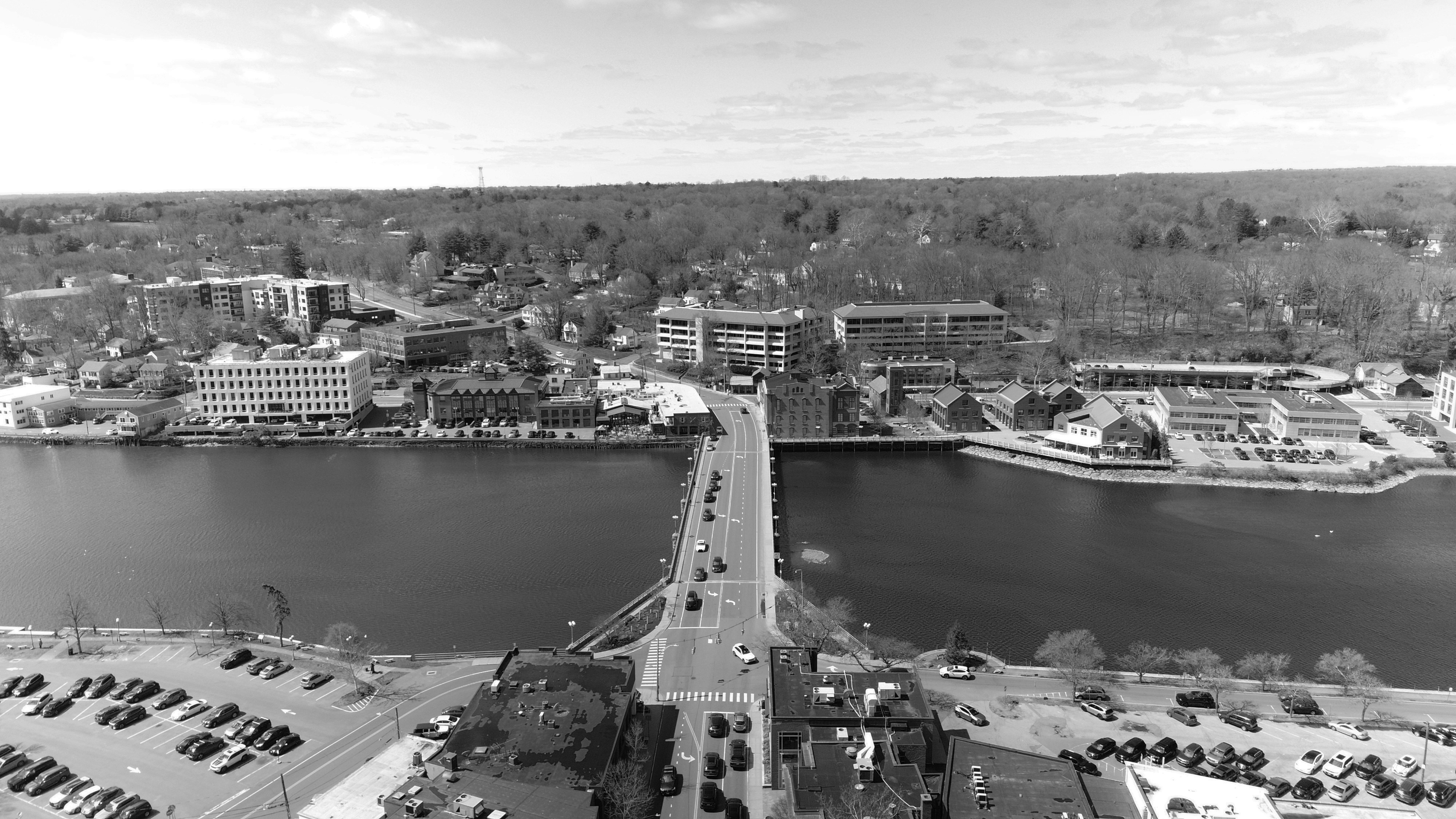 Aerial view of Westport Connecticut waterfront and bridge, representing Franklin Point Resources executive search and talent advisory services