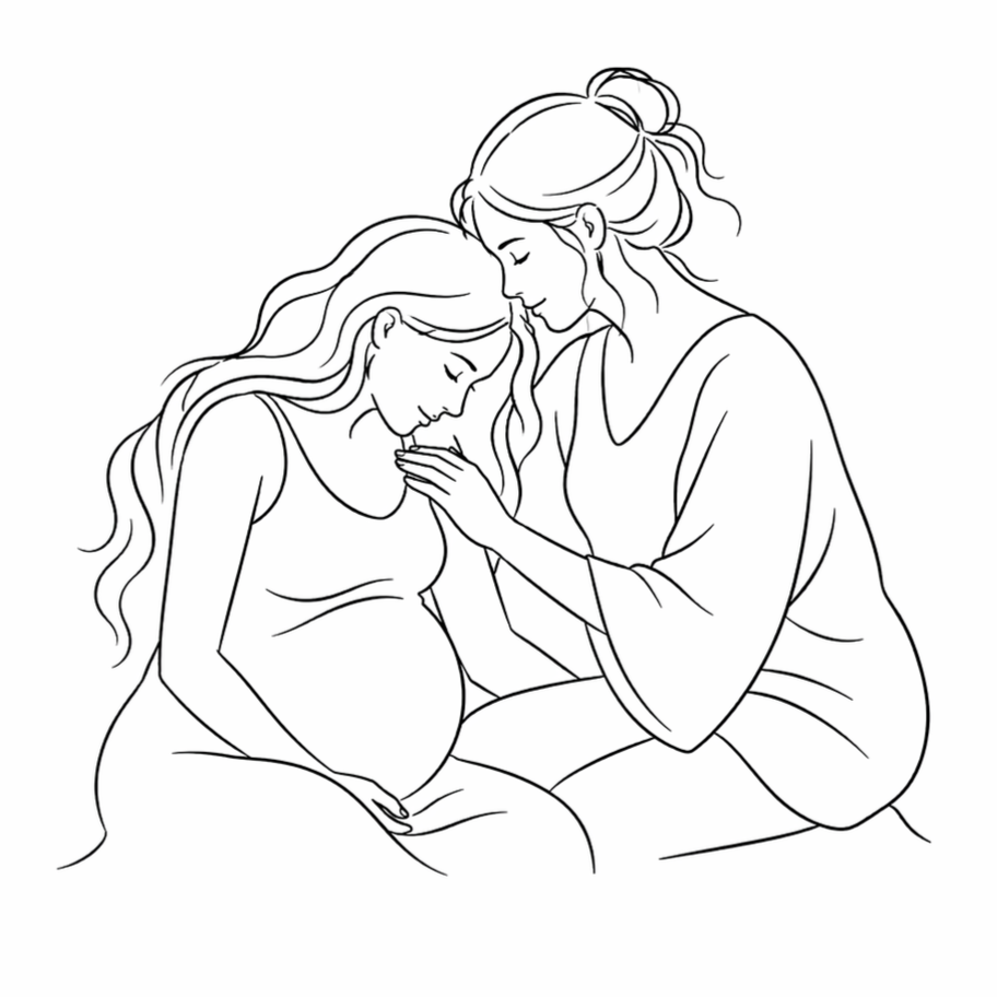 Line drawing of a pregnant woman and a woman kneeling before her, with their foreheads touching and eyes closed, in an intimate and caring pose.