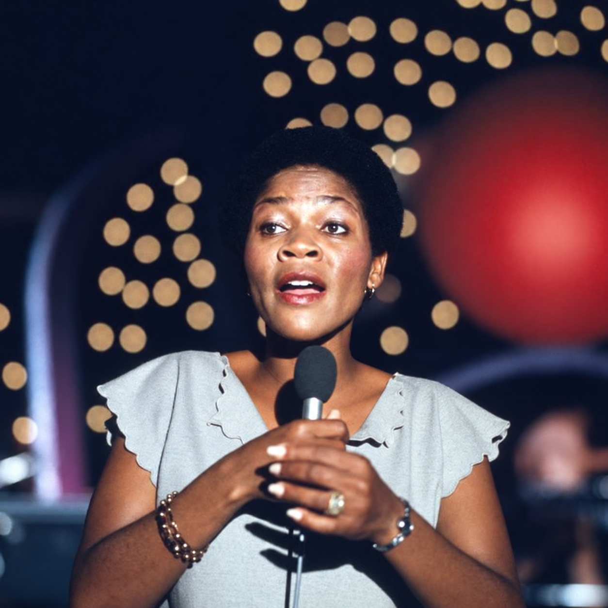 Letta Mbulu performs with a microphone, wearing a light-colored top, against a softly lit stage backdrop.