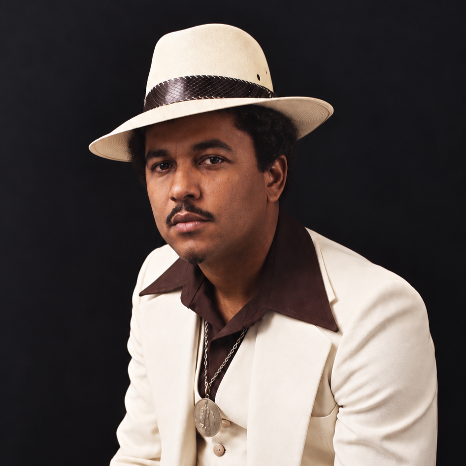 Portrait of composer Wilson J. Turbinton wearing a white suit and fedora against a dark background.