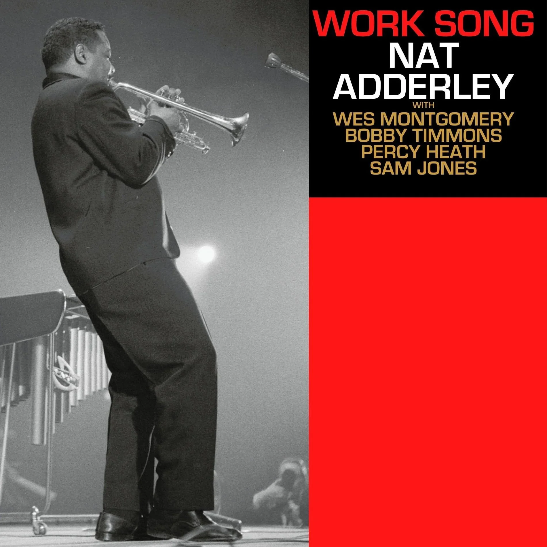 Nat Adderley performing on trumpet beside the “Work Song” cover featuring Wes Montgomery, Bobby Timmons, Percy Heath, and Sam Jones.