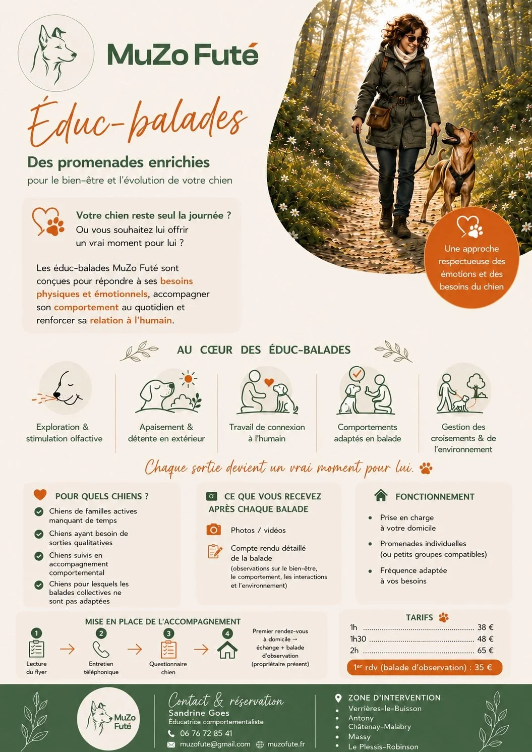Flyer publicitaire pour MuZo Futé, une promenade éducative pour chiens, avec une image d'une femme marchant dans la forêt avec son chien.