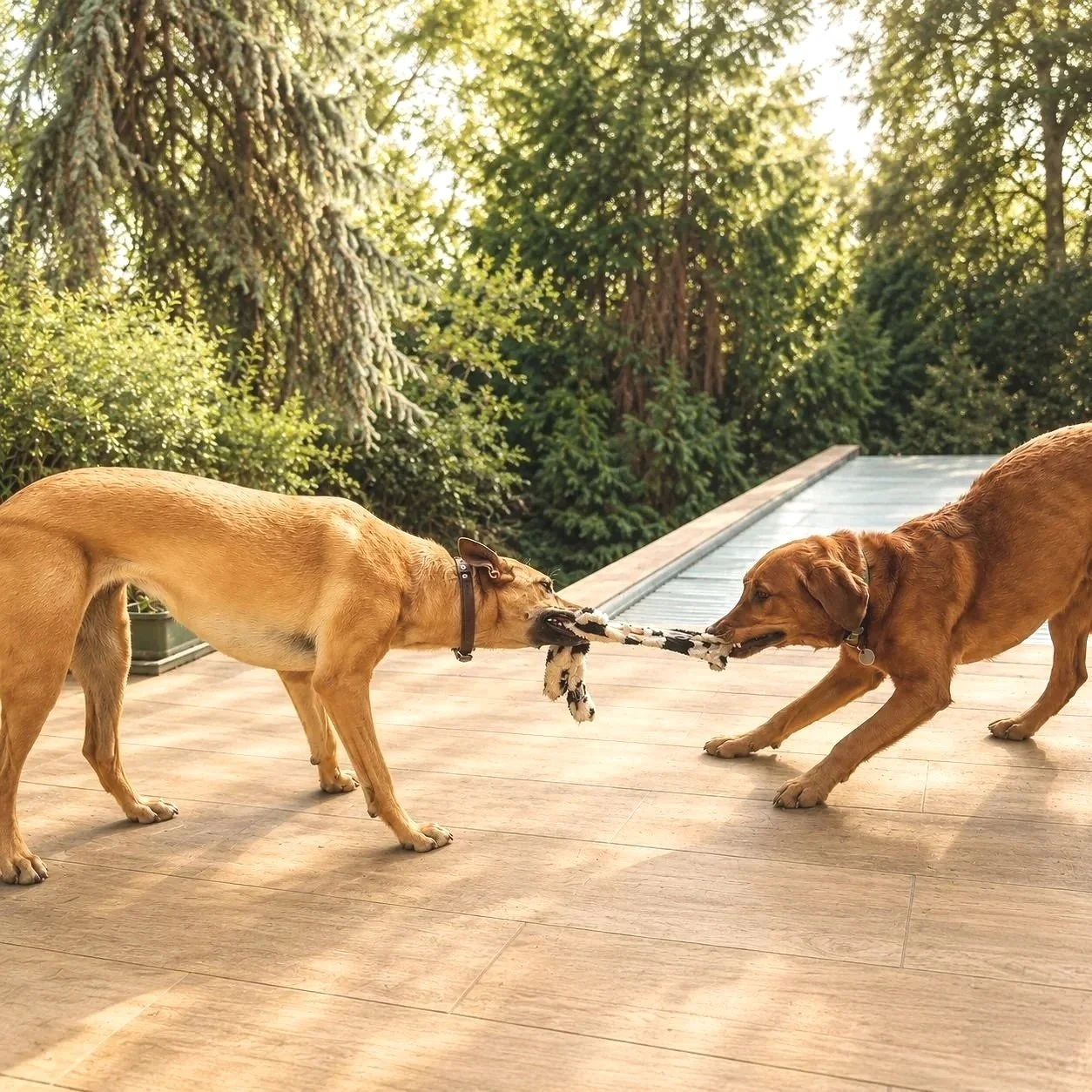 Deux chiens jouent ensemble avec un jouet sur la terrasse de MuZo Futé, dans un cadre naturel et encadré.