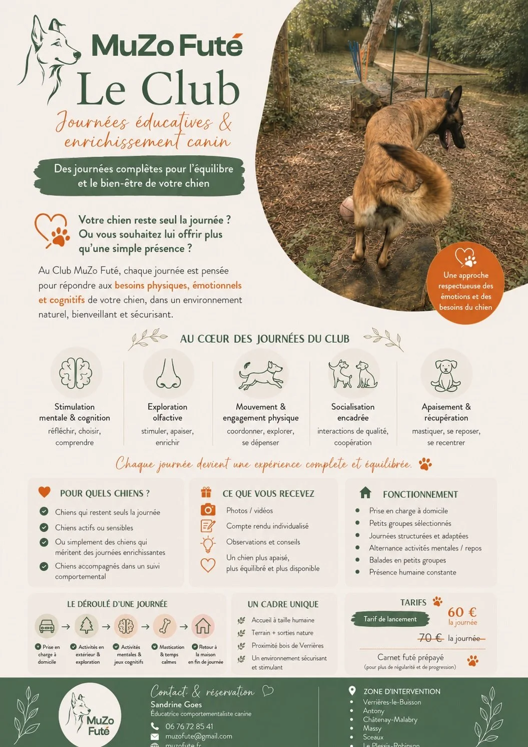 Affiche promotionnelle pour le club MuZo Futé, mettant en avant les journées éducatives enrichissantes pour les chiens, avec une image d'un chien en nature, informations sur les activités, bienfaits et modalités d'inscription.
