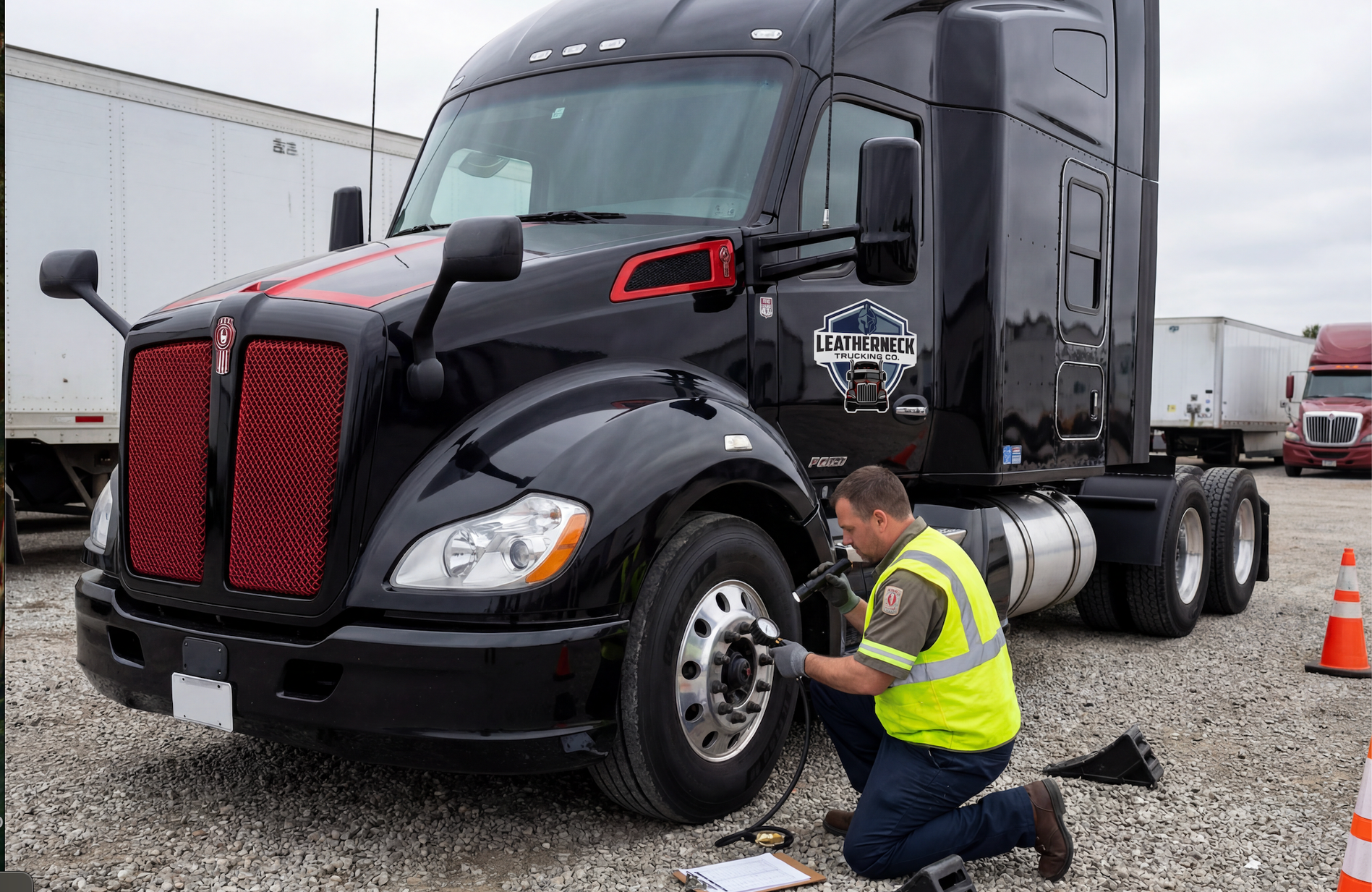 A truck mechanic inspecting the front tire of a black semi-truck in a parking lot, with orange traffic cones nearby.
