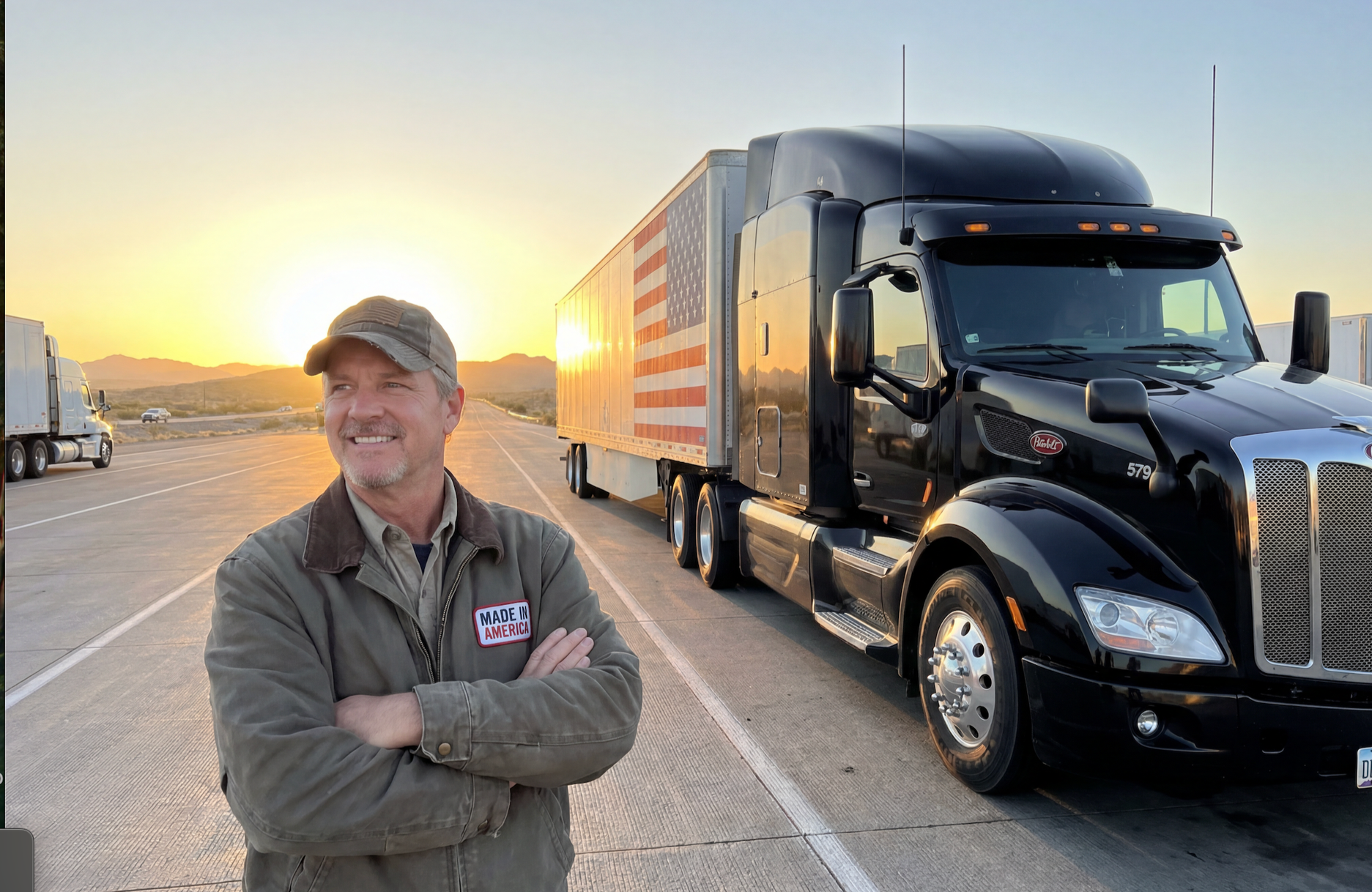 A man wearing a cap and a jacket with a 'Made in America' patch standing on the side of a highway at sunset with a large black semi-truck behind him featuring an American flag design on the trailer.