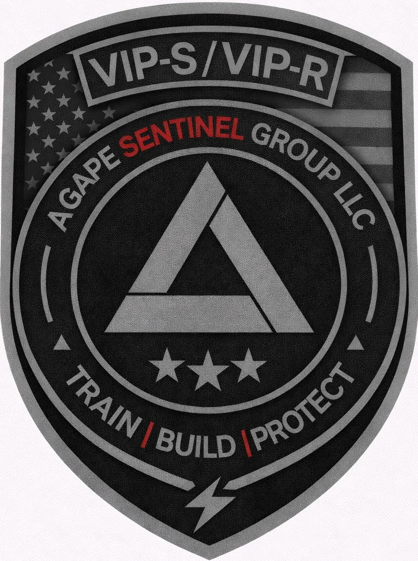 A shield-shaped emblem with the American flag in the background. Text reads 'VIP-S/VIP-R' at the top, 'A GAPE SENTINEL GROUP LLC' around the middle, and 'TRAIN BUILD PROTECT' at the bottom. The center features a triangular symbol and three stars below it, with a lightning bolt symbol at the bottom.