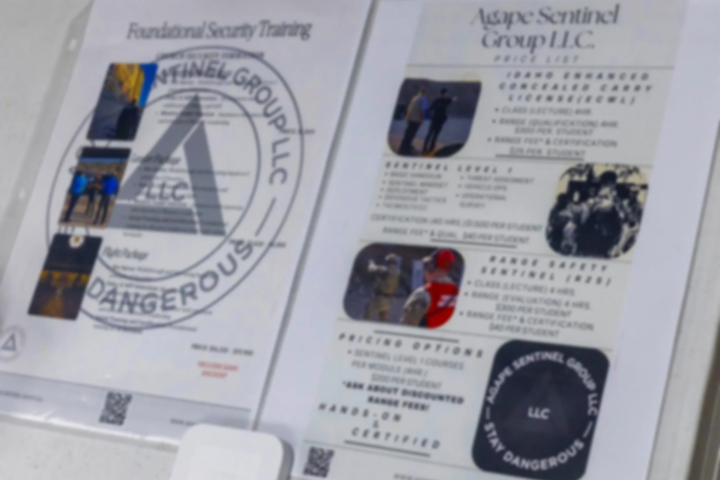 Blurred image of a safety training and certification informational poster from Raymond Sentinal Group LLC, featuring photos of people in safety gear and certification details.