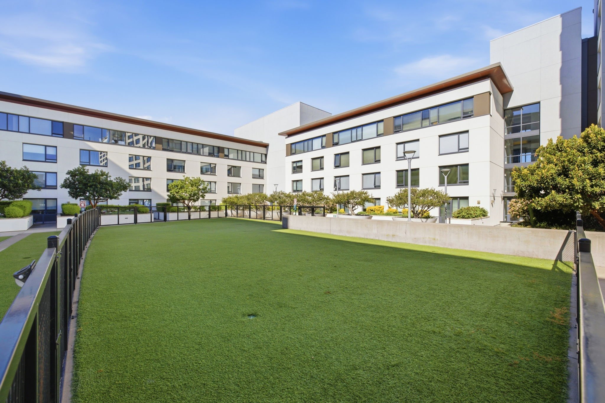 Modern white apartment buildings surrounding a green lawn with trees and pathway, under a blue sky.